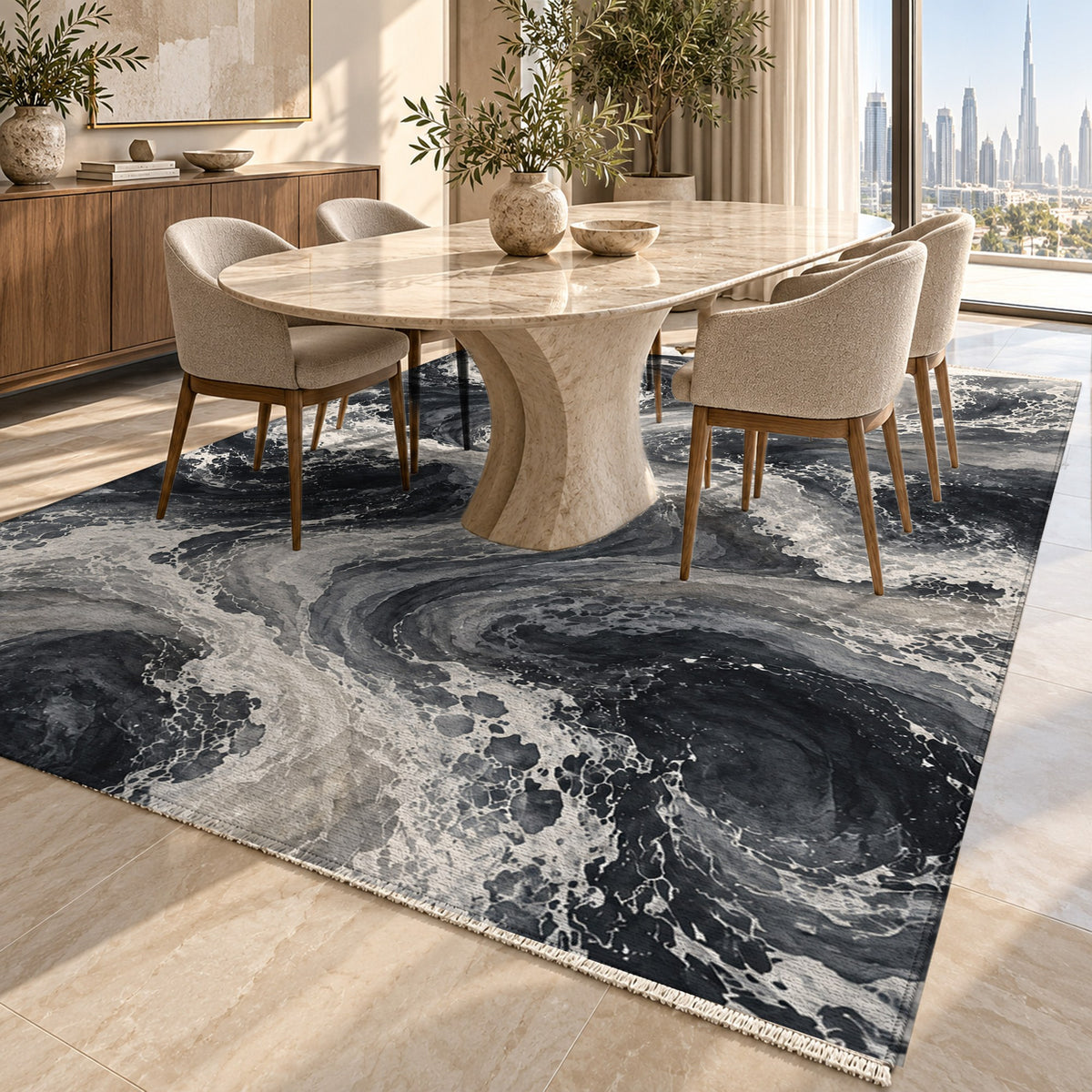 Ocean Currents Charcoal Abstract Washable Rug — dubai dining