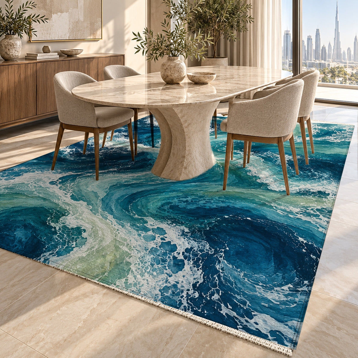 Ocean Currents II Abstract Washable Rug — dubai dining