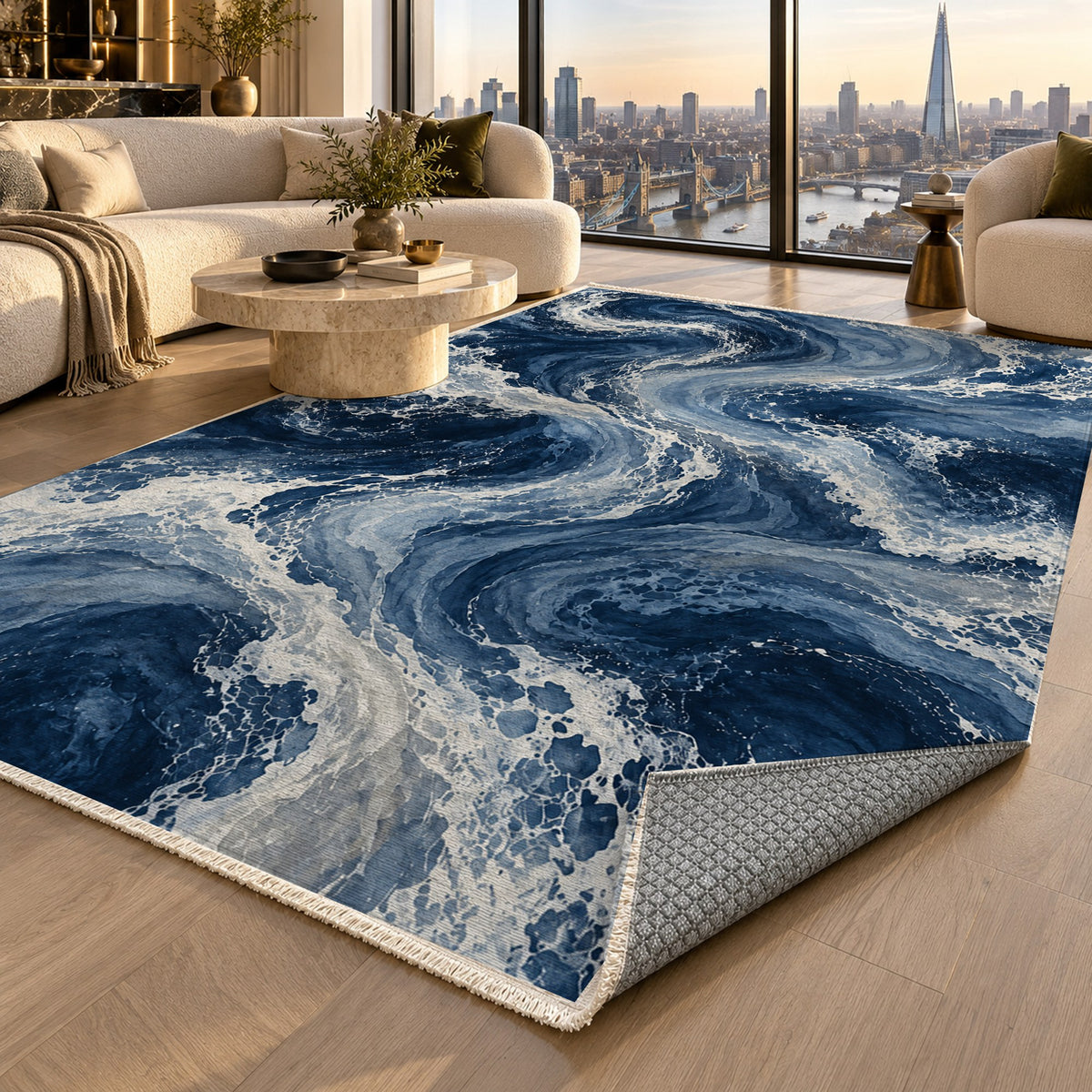 Ocean Currents Indigo Abstract Washable Rug — london luxury living