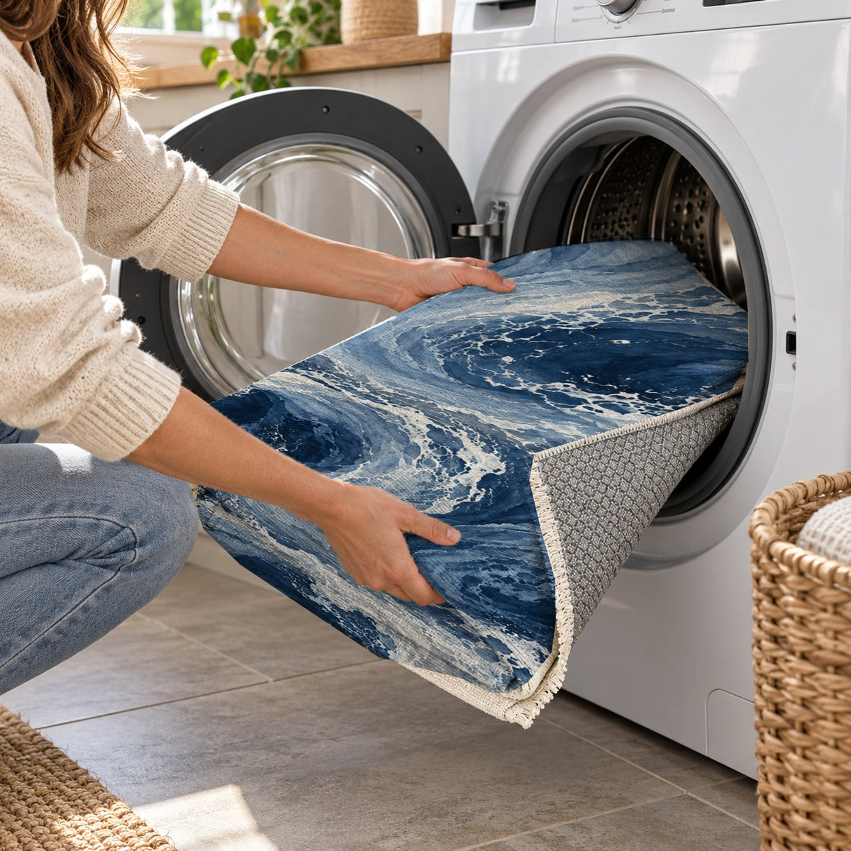 Ocean Currents Indigo Abstract Washable Rug — washing machine