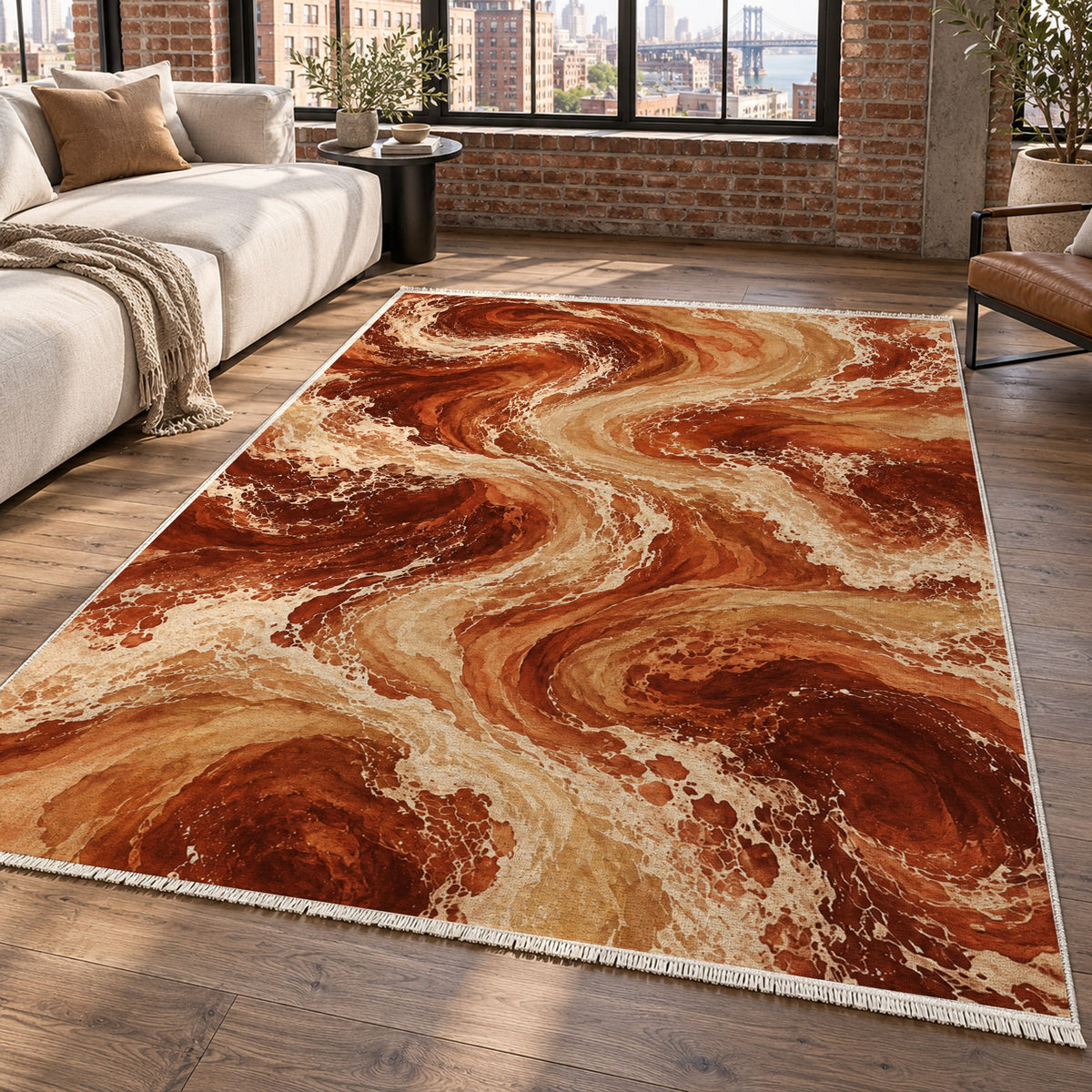 Ocean Currents Terracotta Abstract Washable Rug — new york living