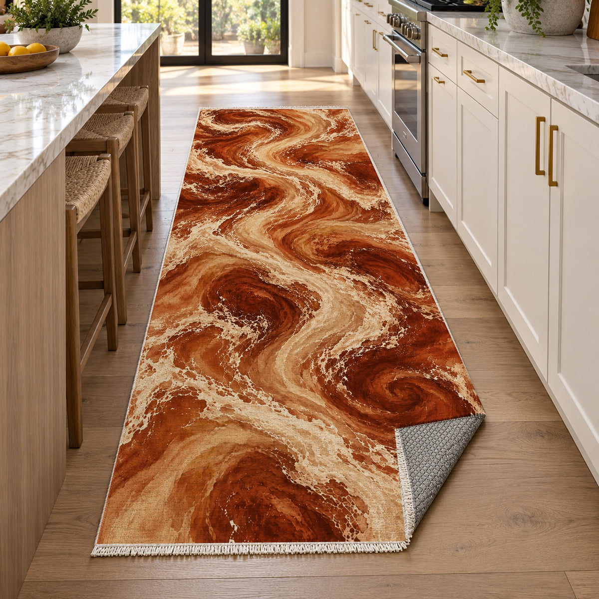 Ocean Currents Terracotta Abstract Washable Rug — new york kitchen runner