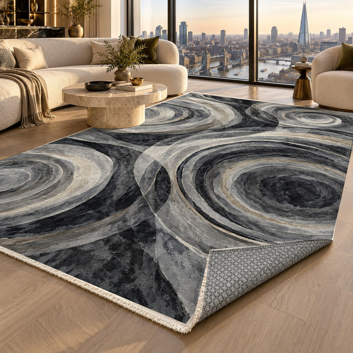 Ocean Rings Charcoal Abstract Washable Rug — london luxury living
