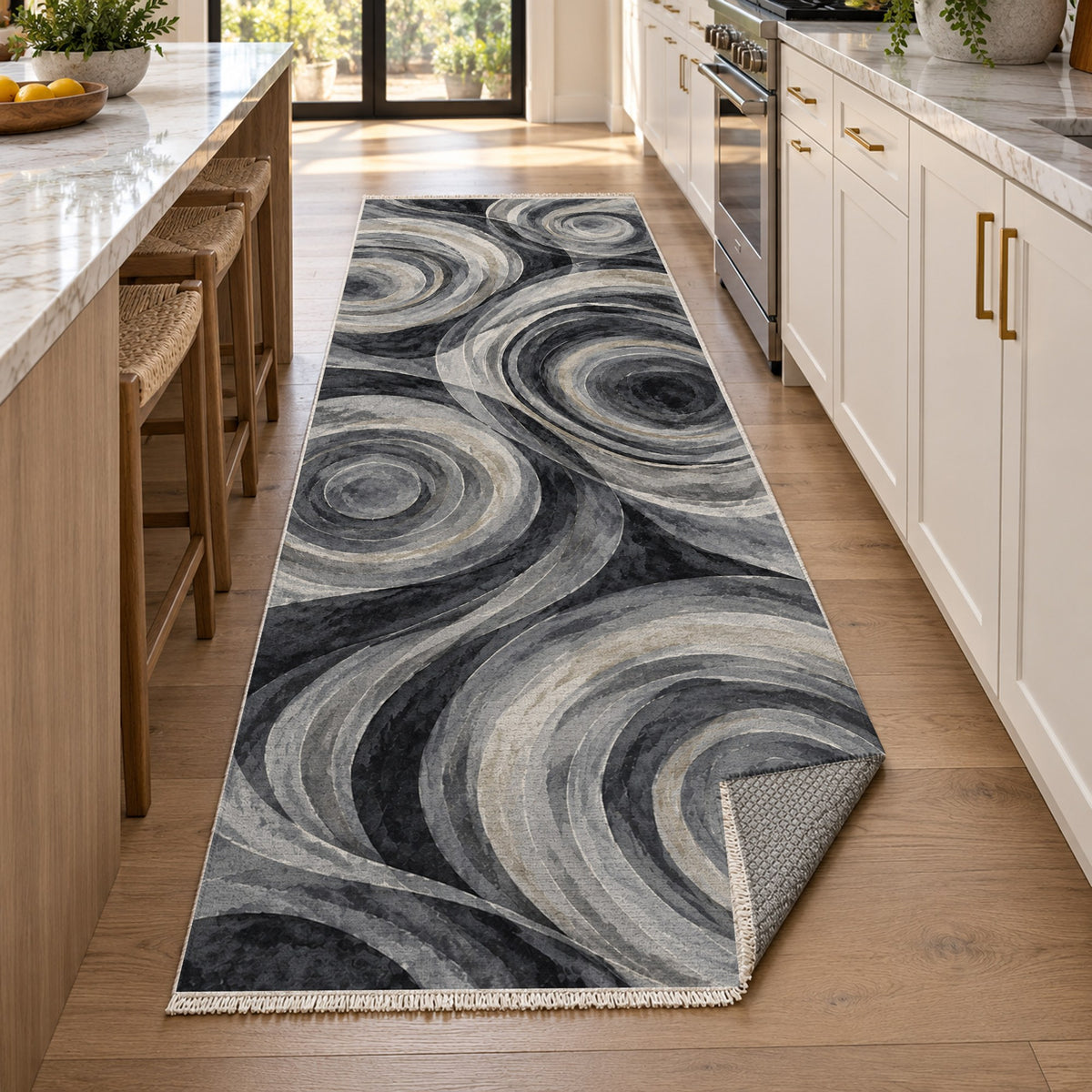 Ocean Rings Charcoal Abstract Washable Rug — new york kitchen runner