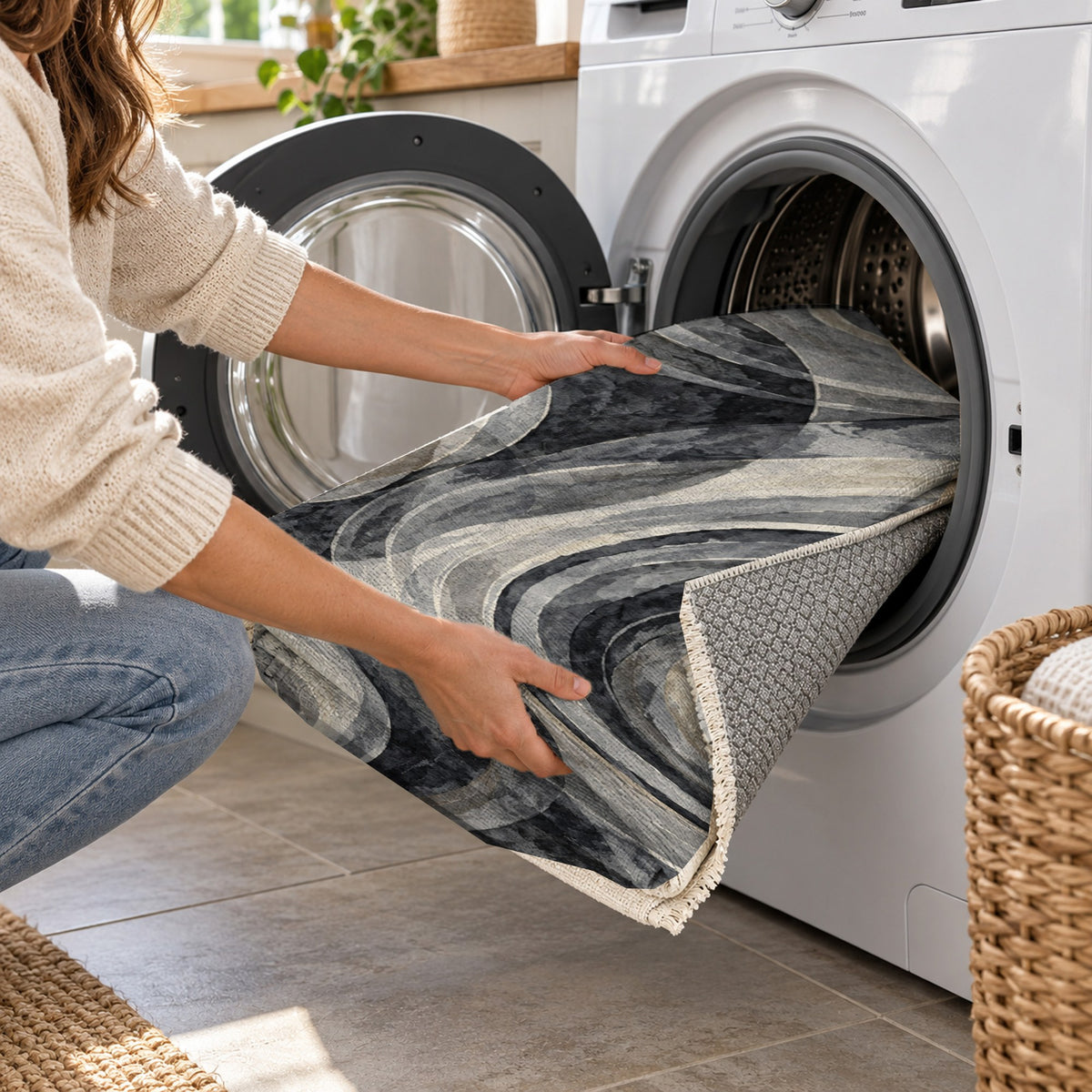 Ocean Rings Charcoal Abstract Washable Rug — washing machine