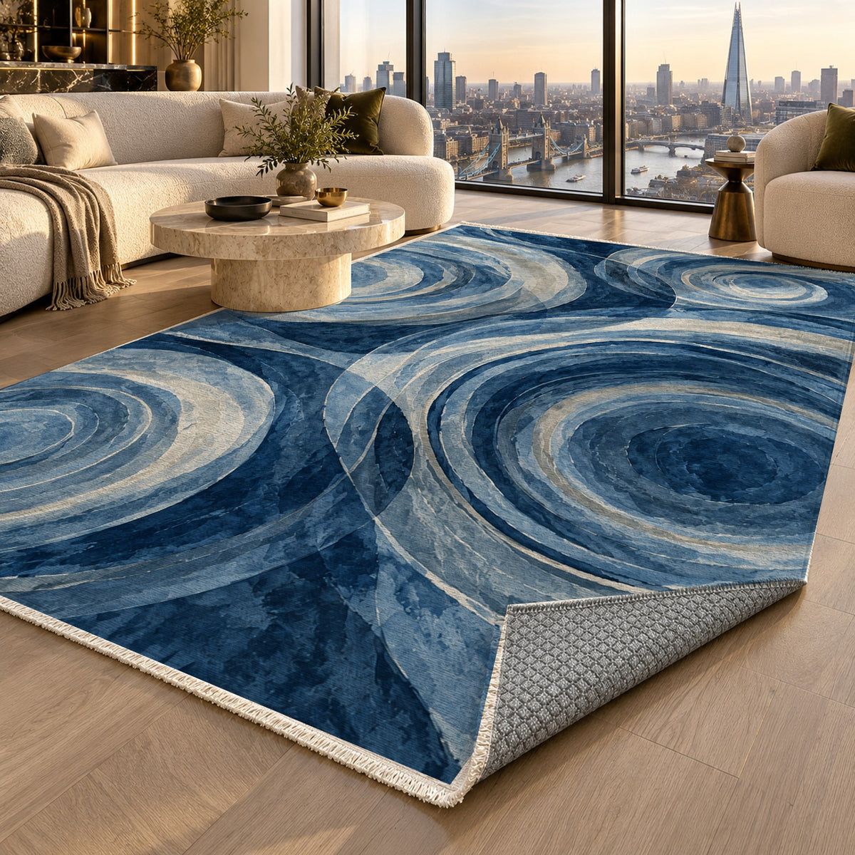 Ocean Rings Indigo Abstract Washable Rug — london luxury living