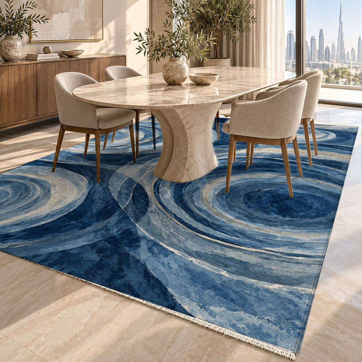 Ocean Rings Indigo Abstract Washable Rug — dubai dining