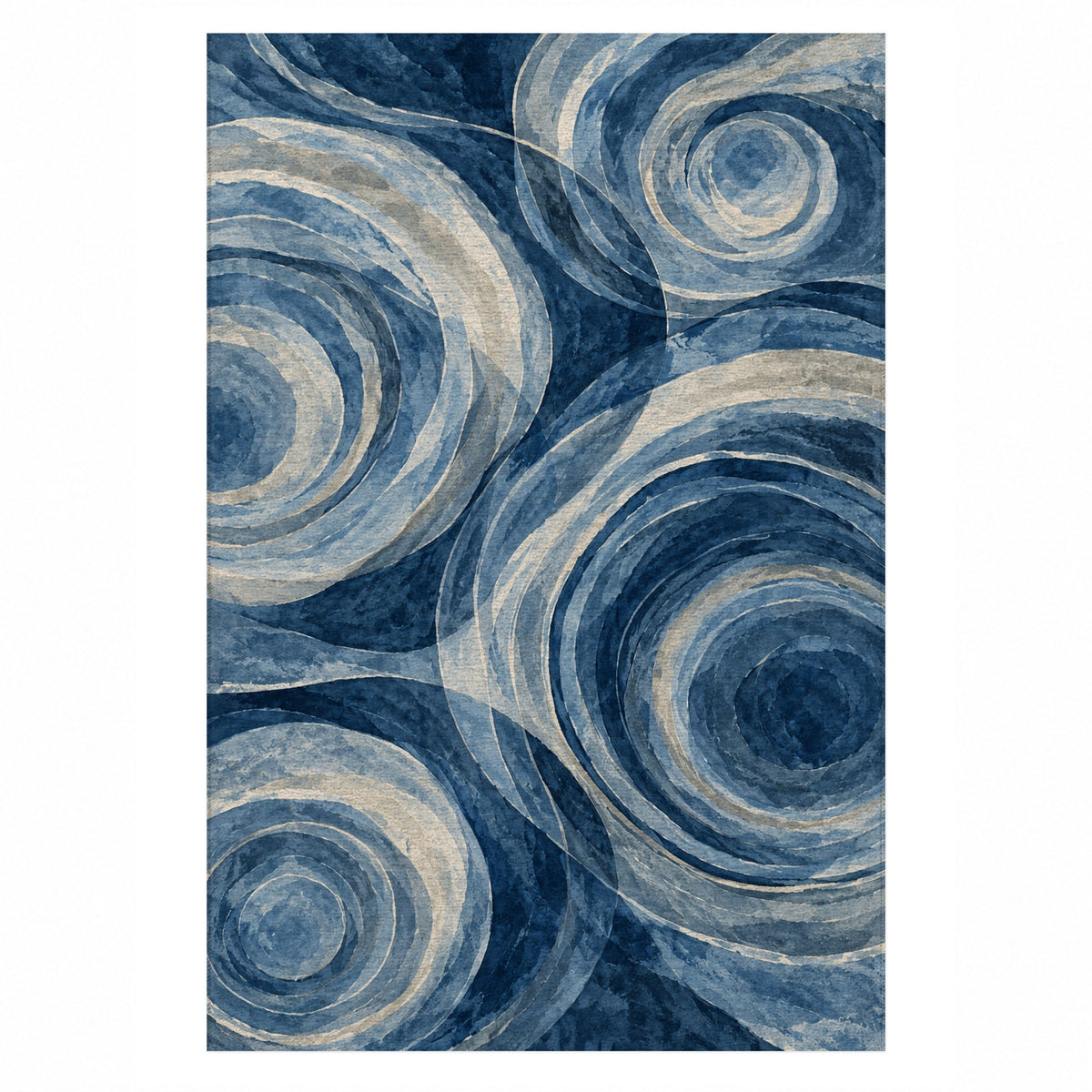 Ocean Rings Indigo Abstract Washable Rug — top view