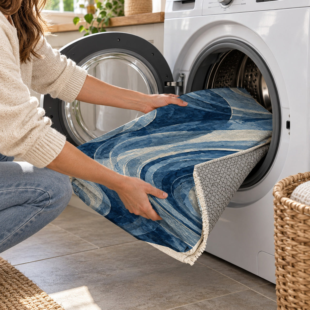 Ocean Rings Indigo Abstract Washable Rug — washing machine