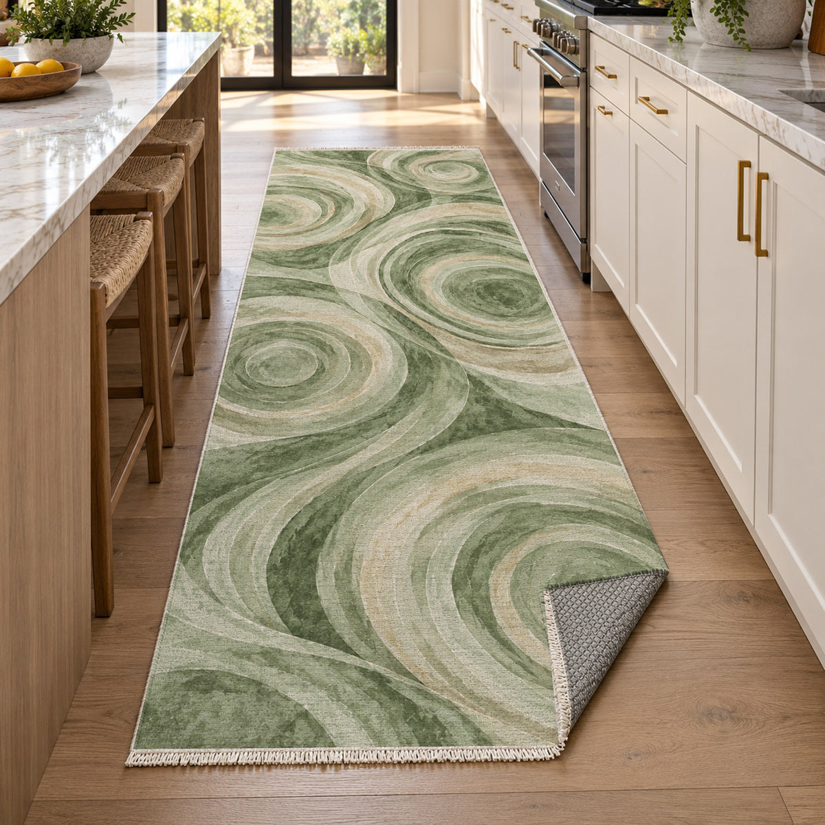 Ocean Rings Sage Abstract Washable Rug — new york kitchen runner