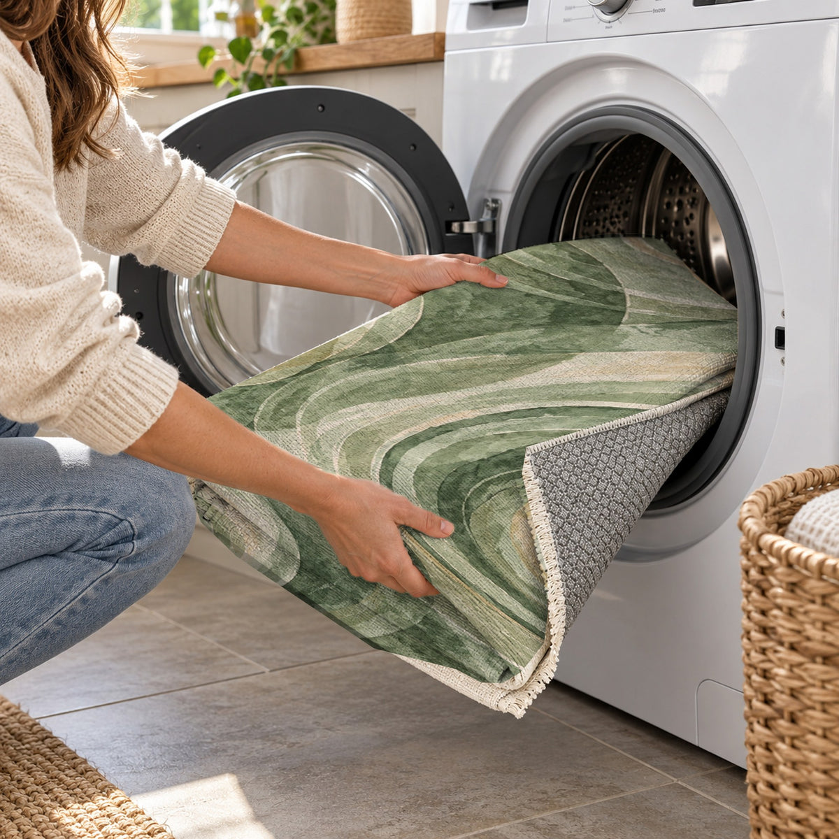 Ocean Rings Sage Abstract Washable Rug — washing machine