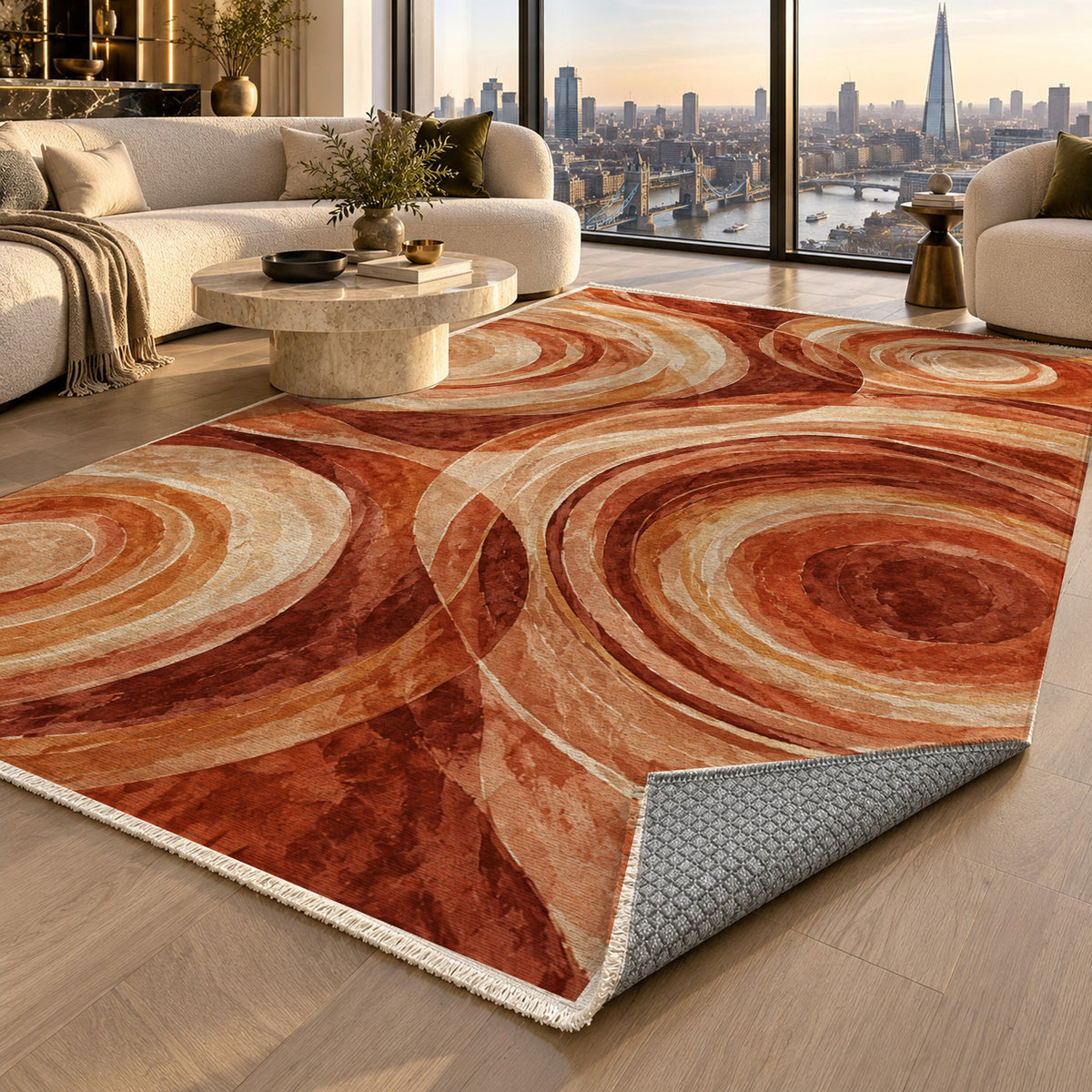 Ocean Rings Terracotta Abstract Washable Rug — london luxury living
