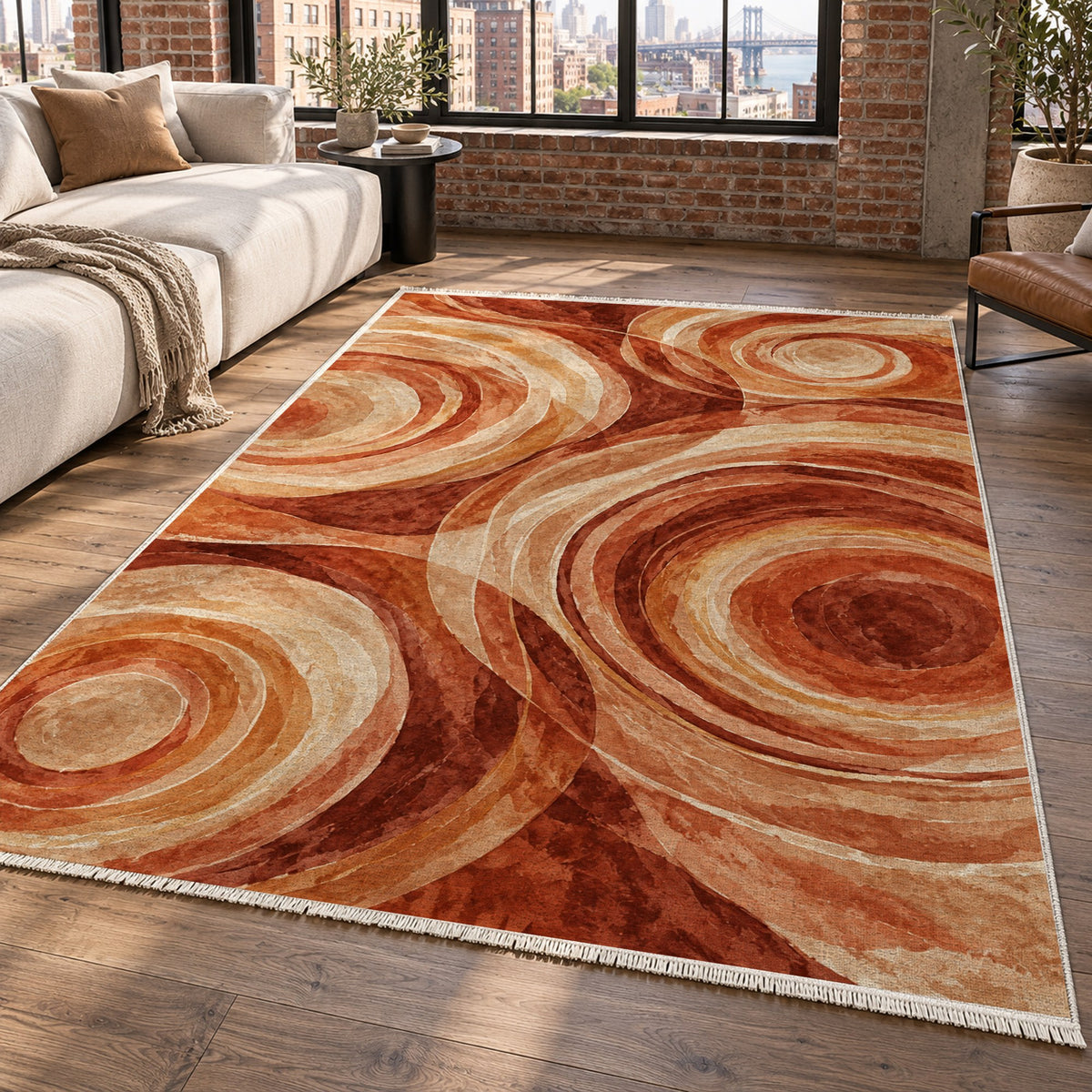 Ocean Rings Terracotta Abstract Washable Rug — new york living