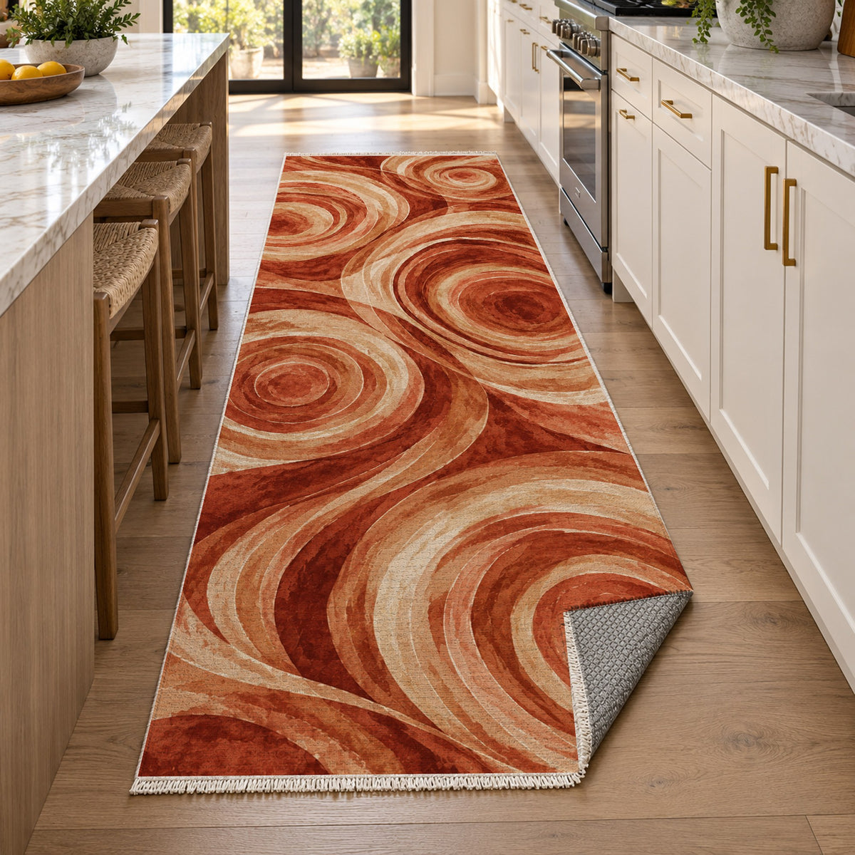 Ocean Rings Terracotta Abstract Washable Rug — new york kitchen runner