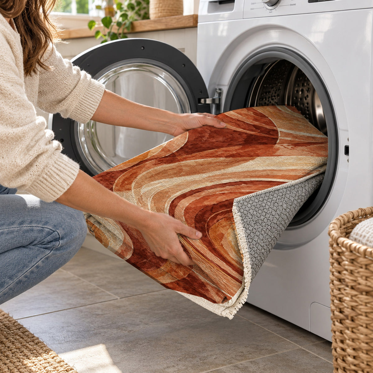 Ocean Rings Terracotta Abstract Washable Rug — washing machine