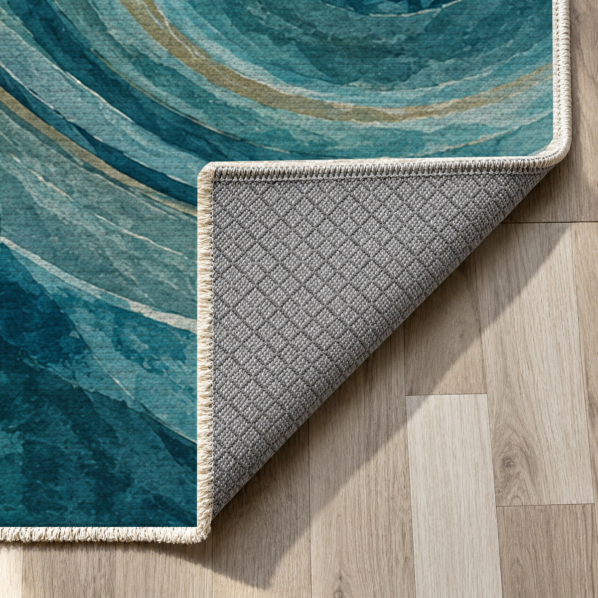 Ocean Rings Abstract Washable Rug — backing close up