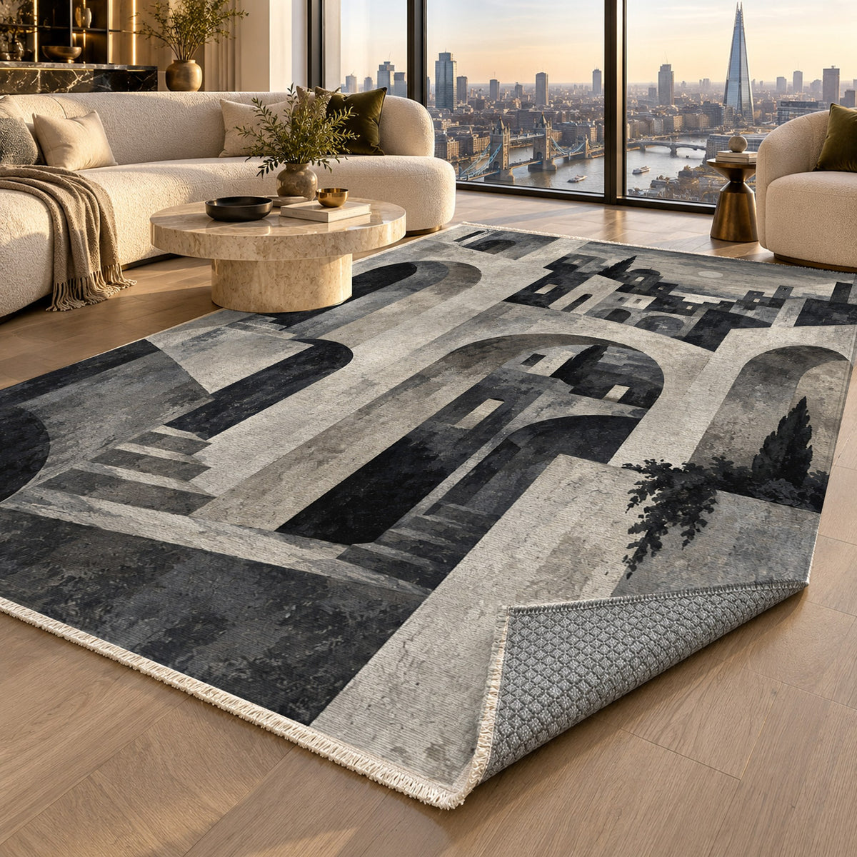 Old Town Arches Charcoal Modern Washable Rug — london luxury living