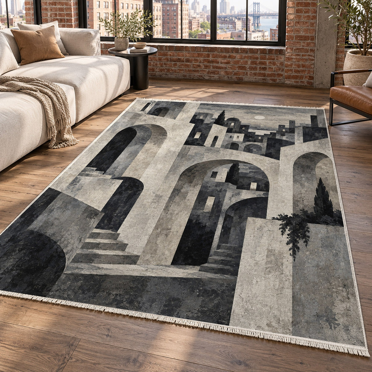 Old Town Arches Charcoal Modern Washable Rug — new york living