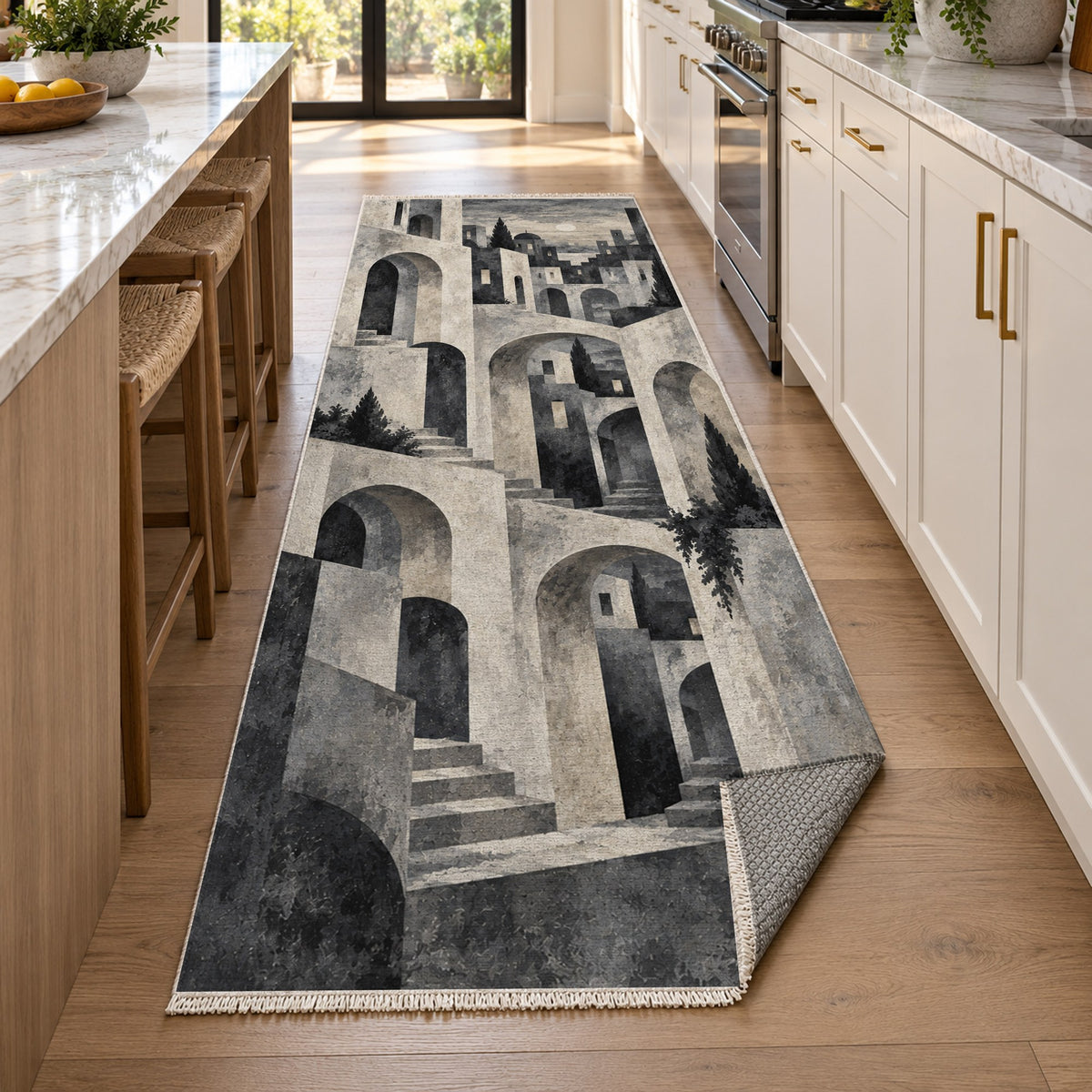 Old Town Arches Charcoal Modern Washable Rug — new york kitchen runner