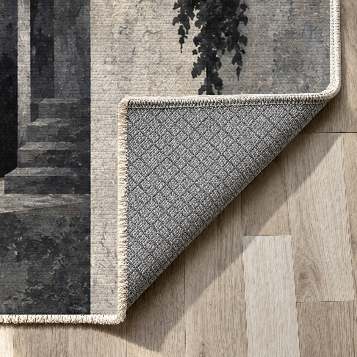Old Town Arches Charcoal Modern Washable Rug — backing close up