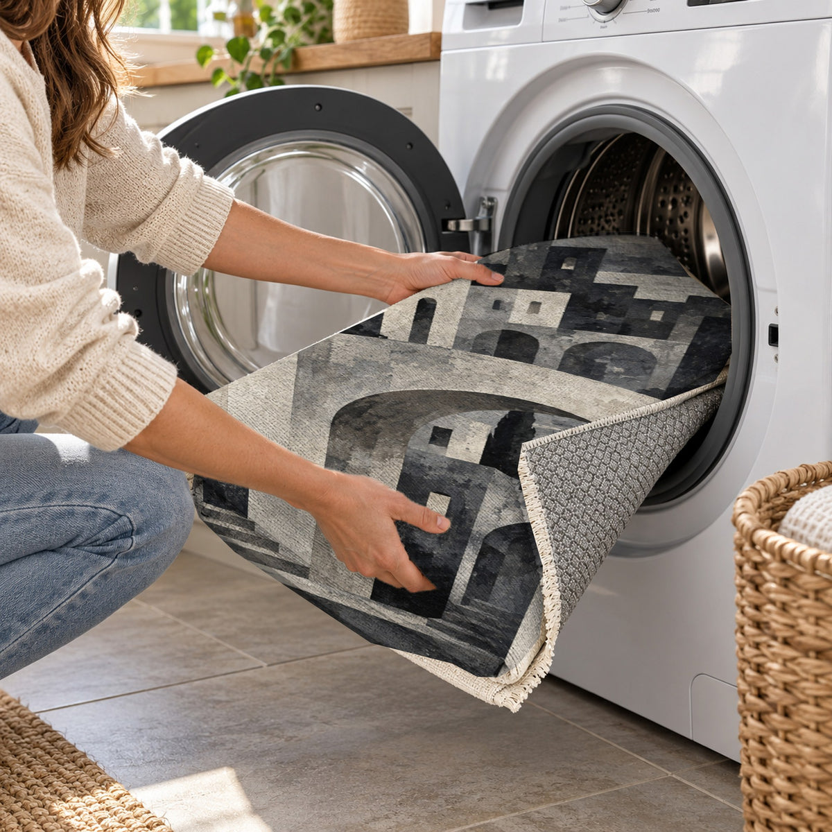 Old Town Arches Charcoal Modern Washable Rug — washing machine