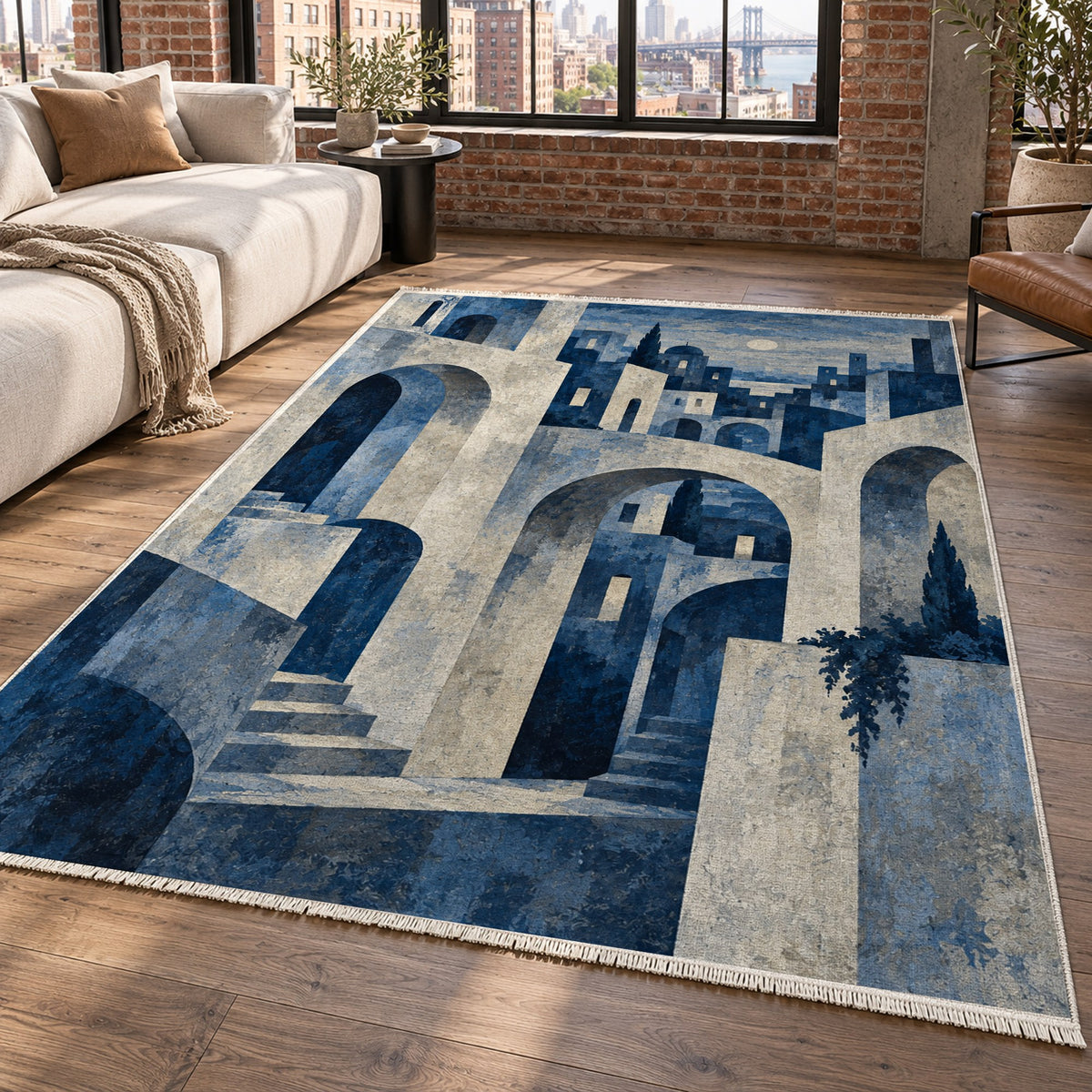 Old Town Arches Indigo Modern Washable Rug — new york living