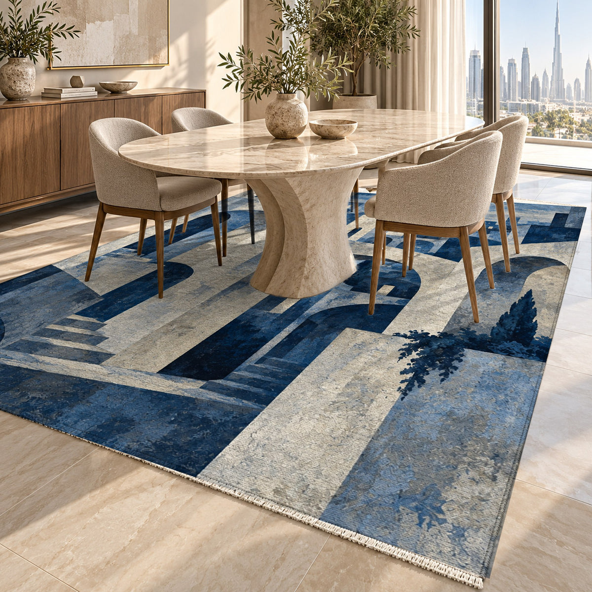 Old Town Arches Indigo Modern Washable Rug — dubai dining