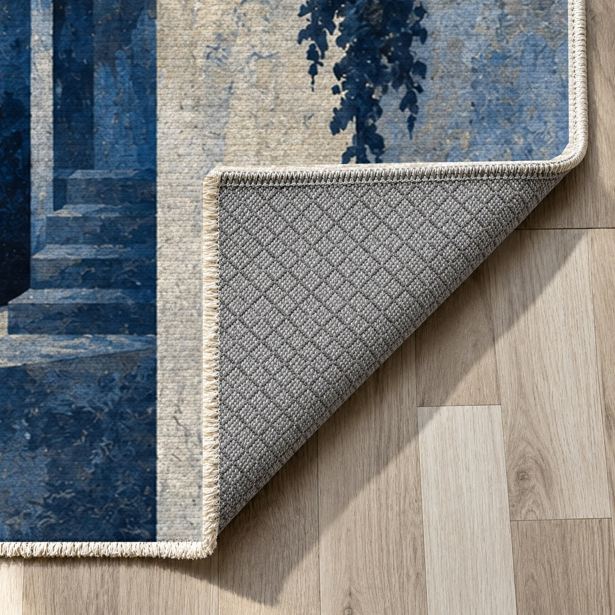 Old Town Arches Indigo Modern Washable Rug — backing close up
