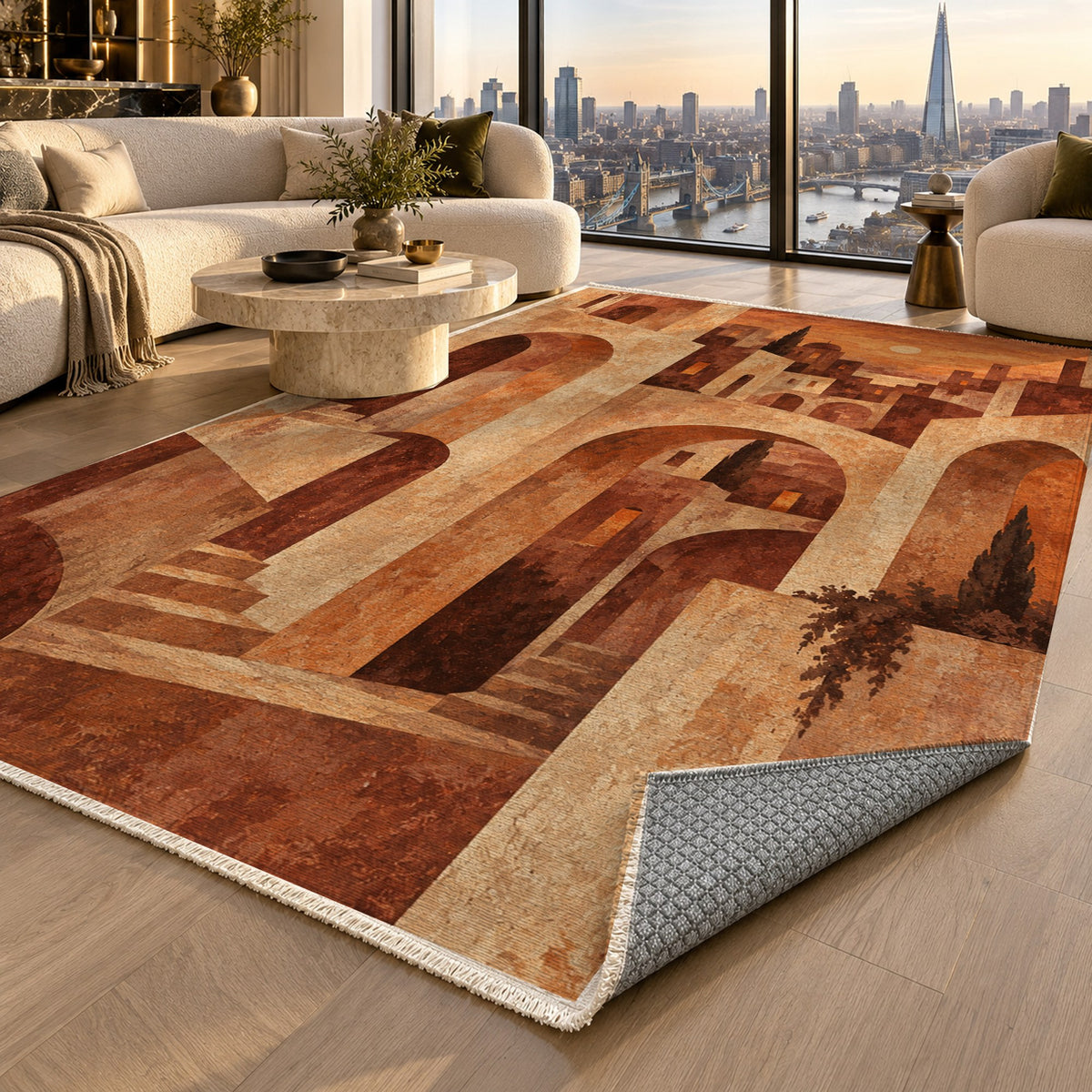 Old Town Arches Terracotta Modern Washable Rug — london luxury living