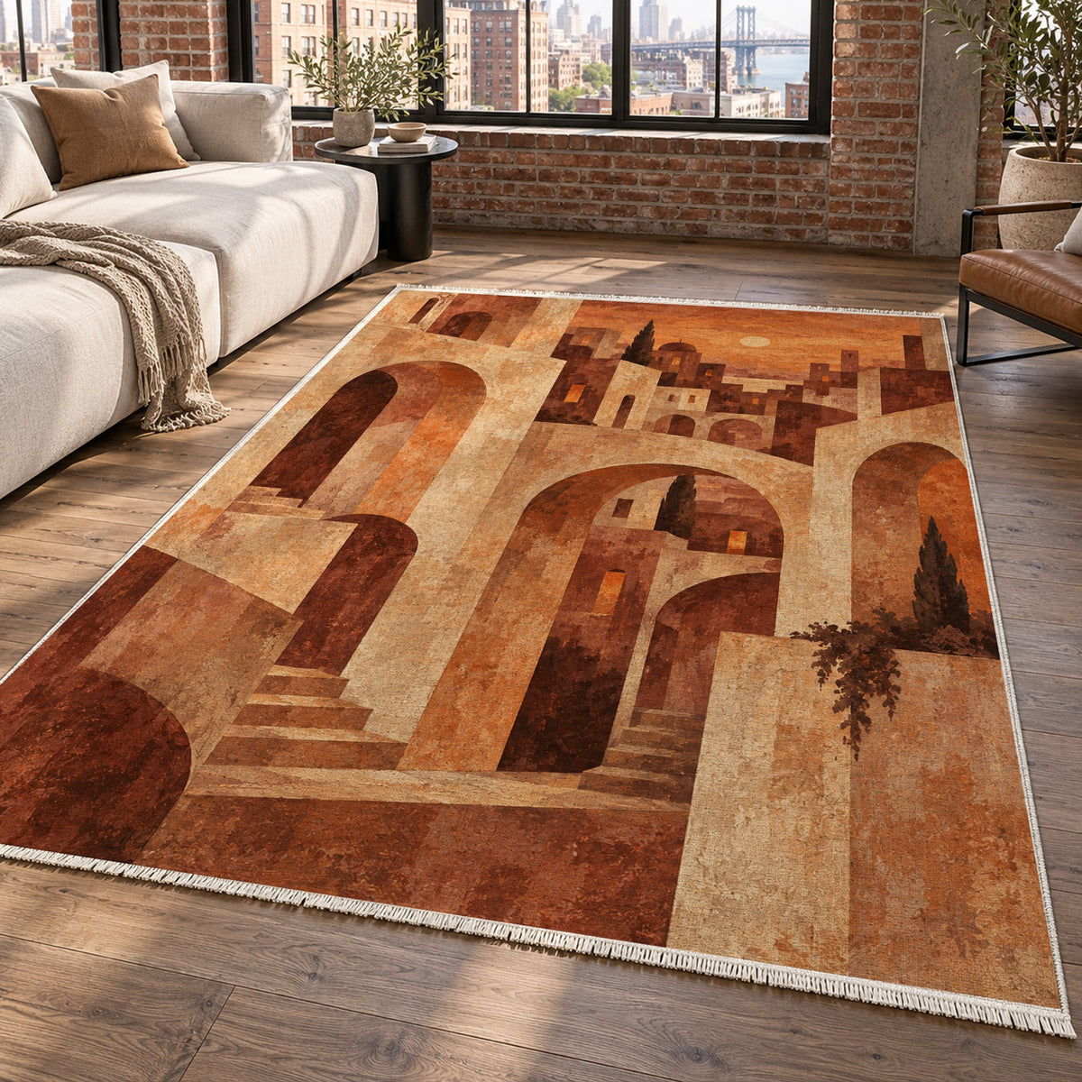 Old Town Arches Terracotta Modern Washable Rug — new york living