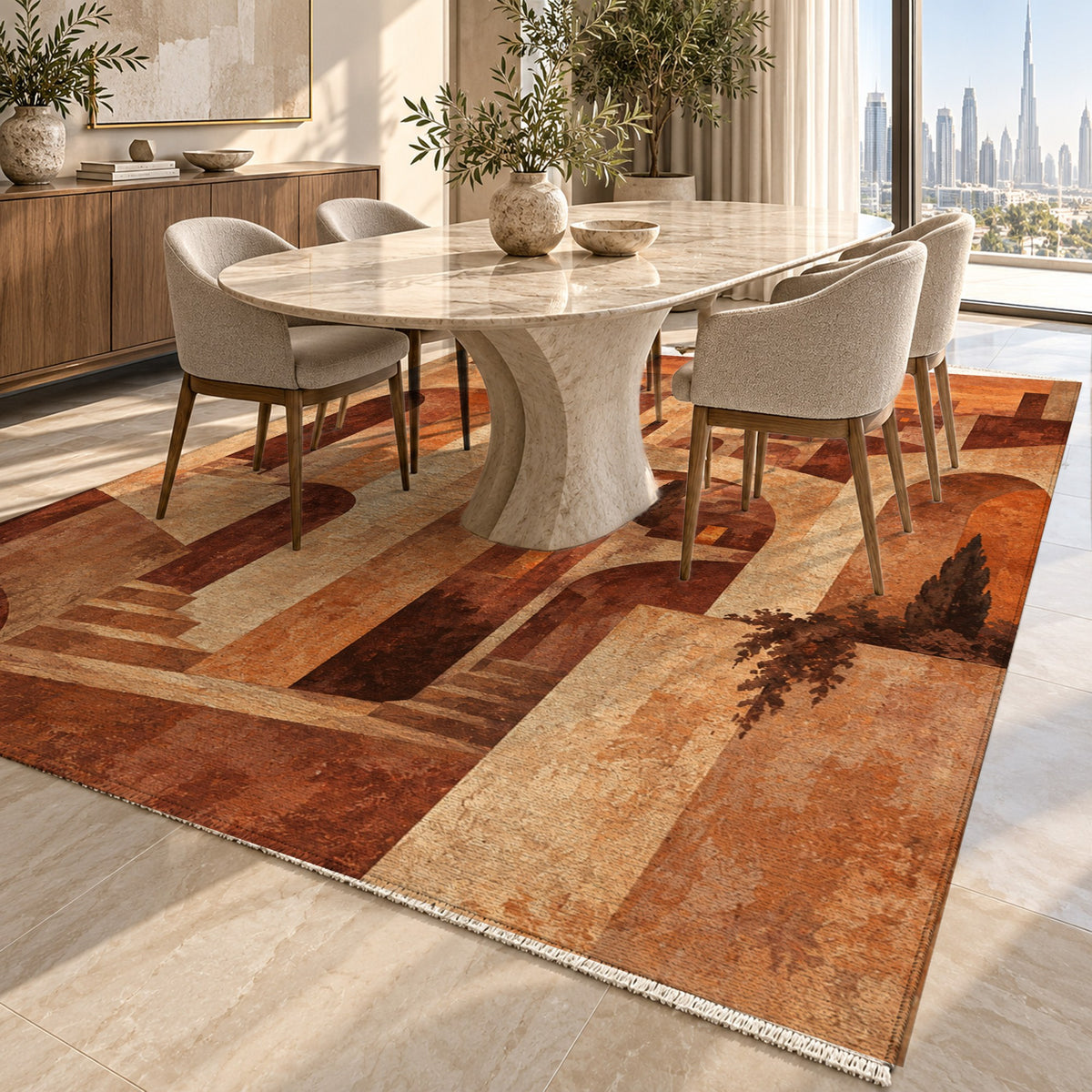 Old Town Arches Terracotta Modern Washable Rug — dubai dining