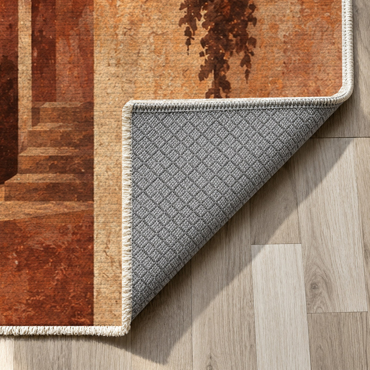 Old Town Arches Terracotta Modern Washable Rug — backing close up