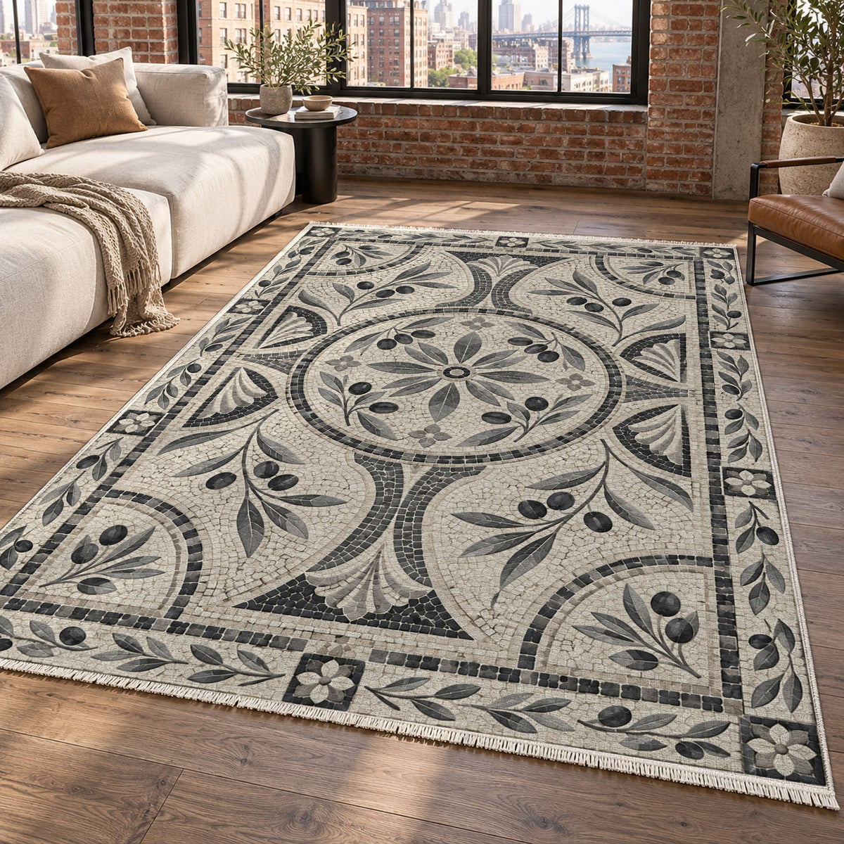 Olive Courtyard Charcoal Geometric Washable Rug — new york living