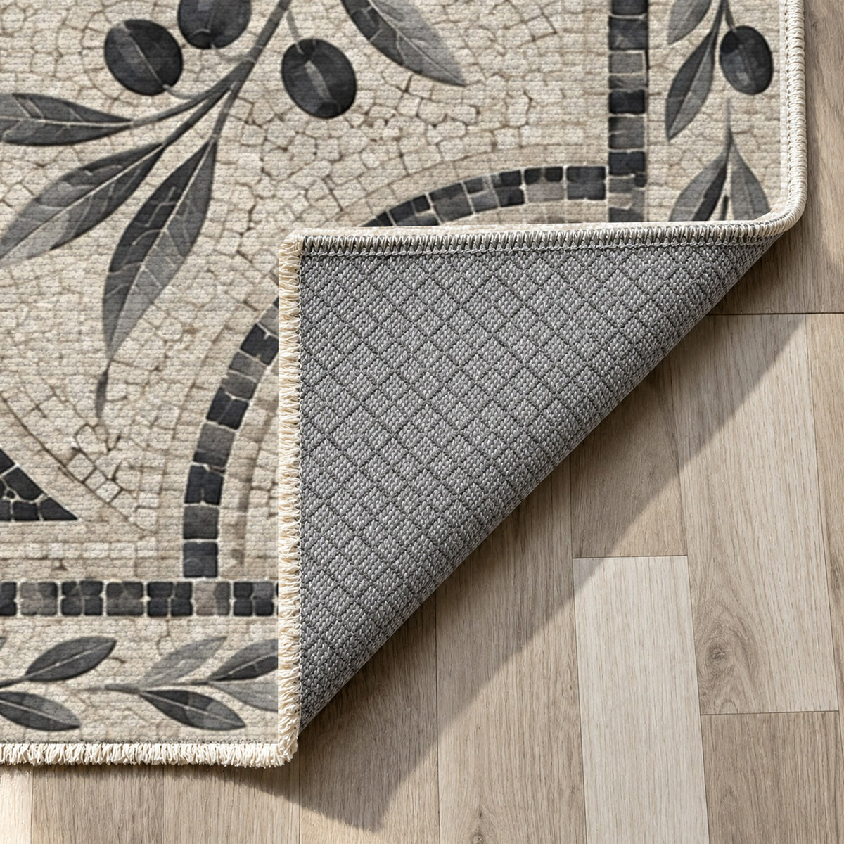 Olive Courtyard Charcoal Geometric Washable Rug — backing close up