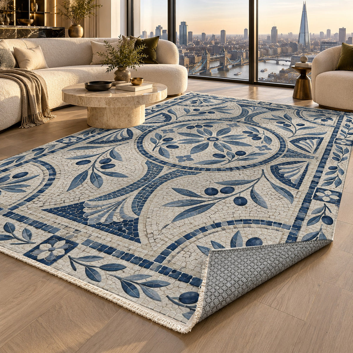 Olive Courtyard Indigo Geometric Washable Rug — london luxury living