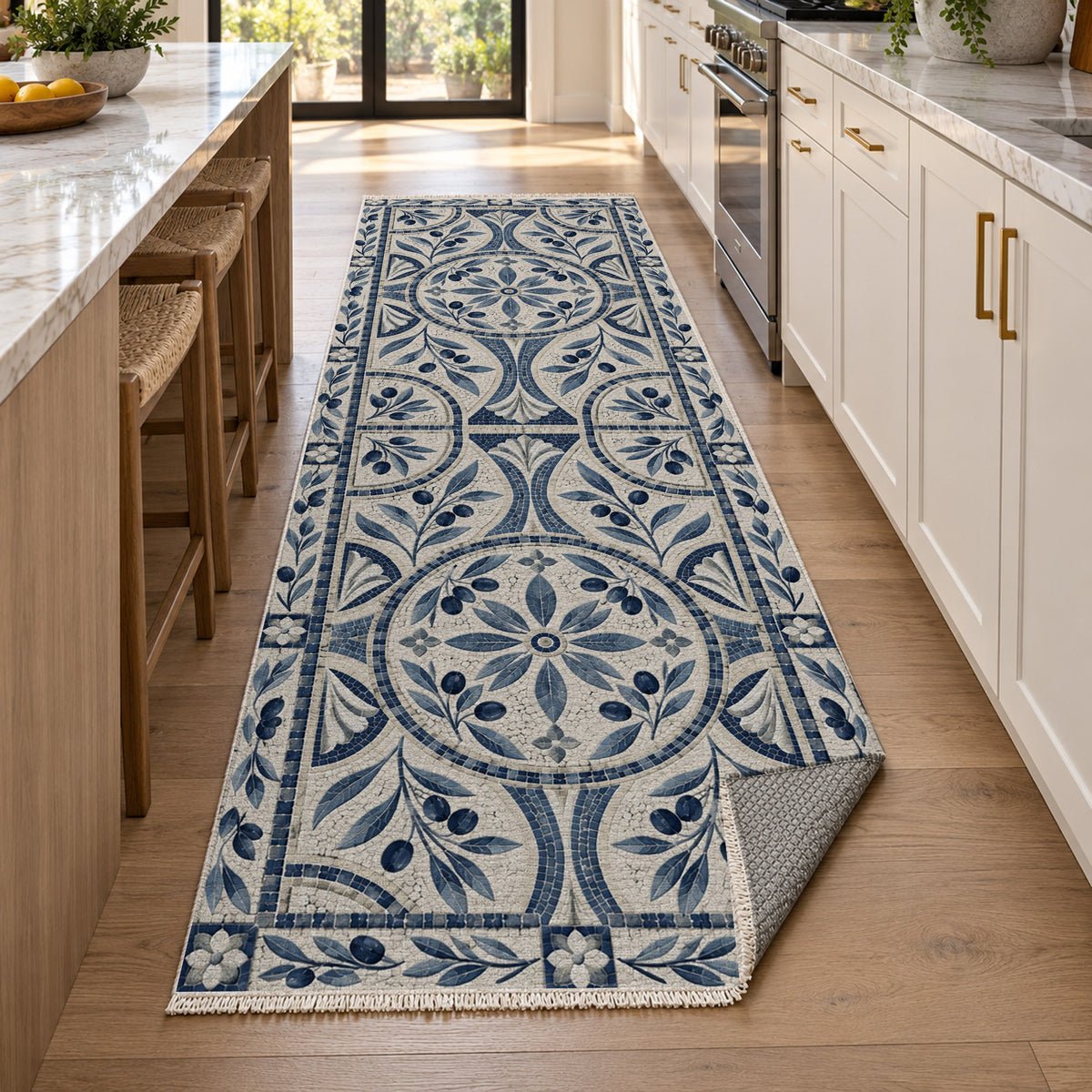 Olive Courtyard Indigo Geometric Washable Rug — new york kitchen runner
