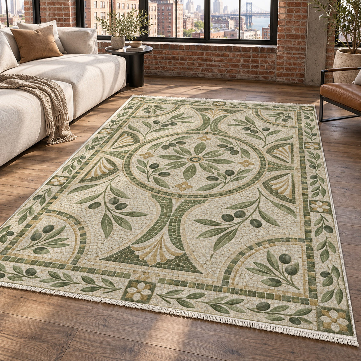 Olive Courtyard Sage Geometric Washable Rug — new york living
