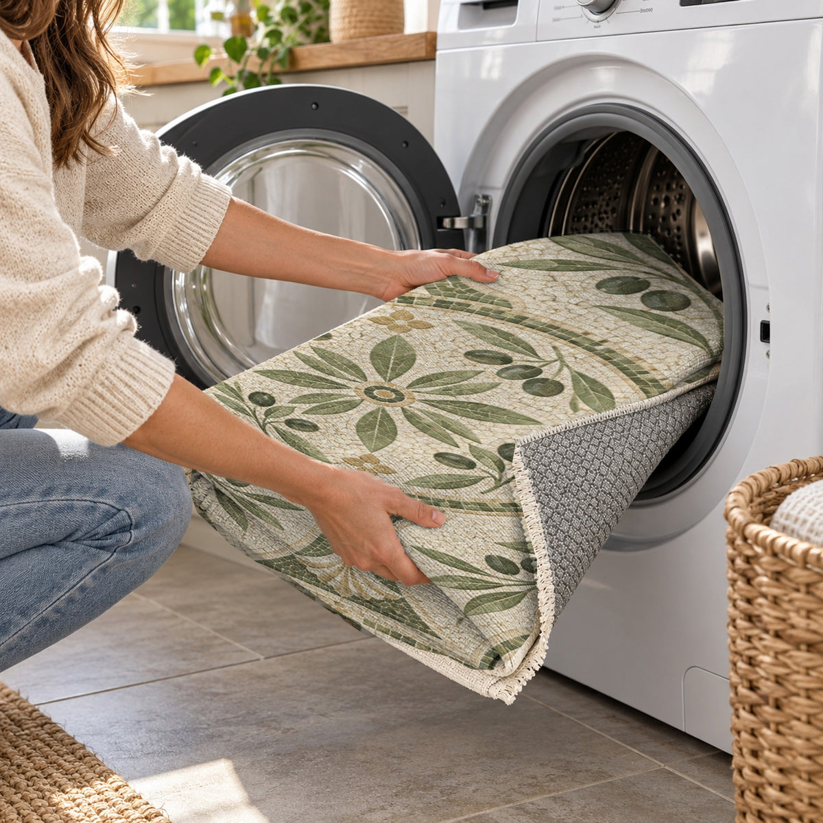 Olive Courtyard Sage Geometric Washable Rug — washing machine