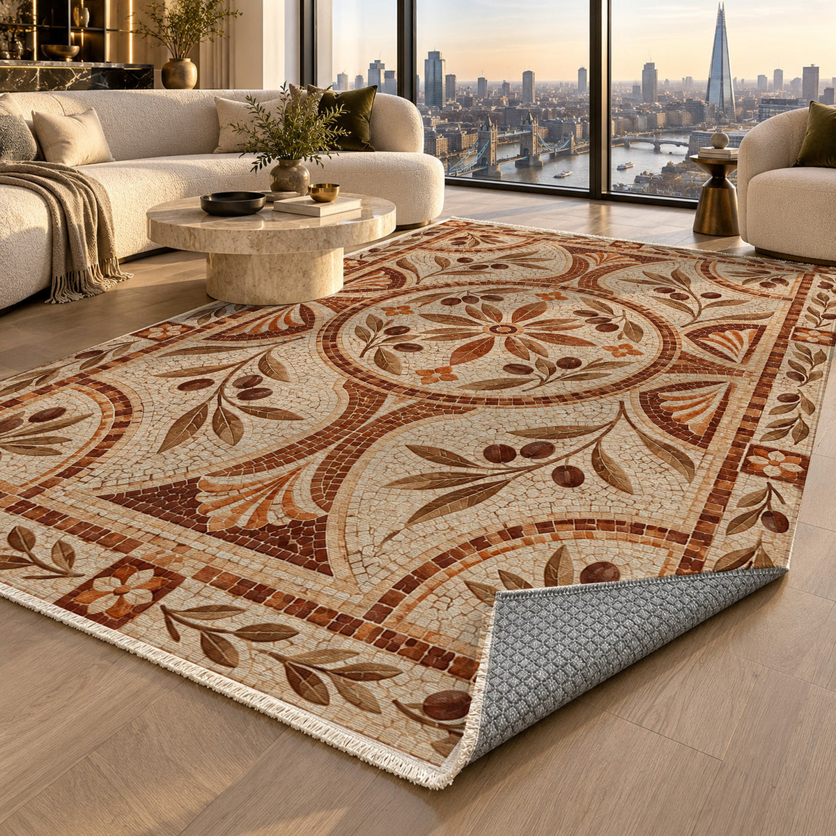 Olive Courtyard Terracotta Geometric Washable Rug — london luxury living