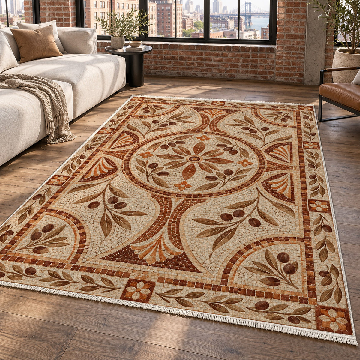Olive Courtyard Terracotta Geometric Washable Rug — new york living