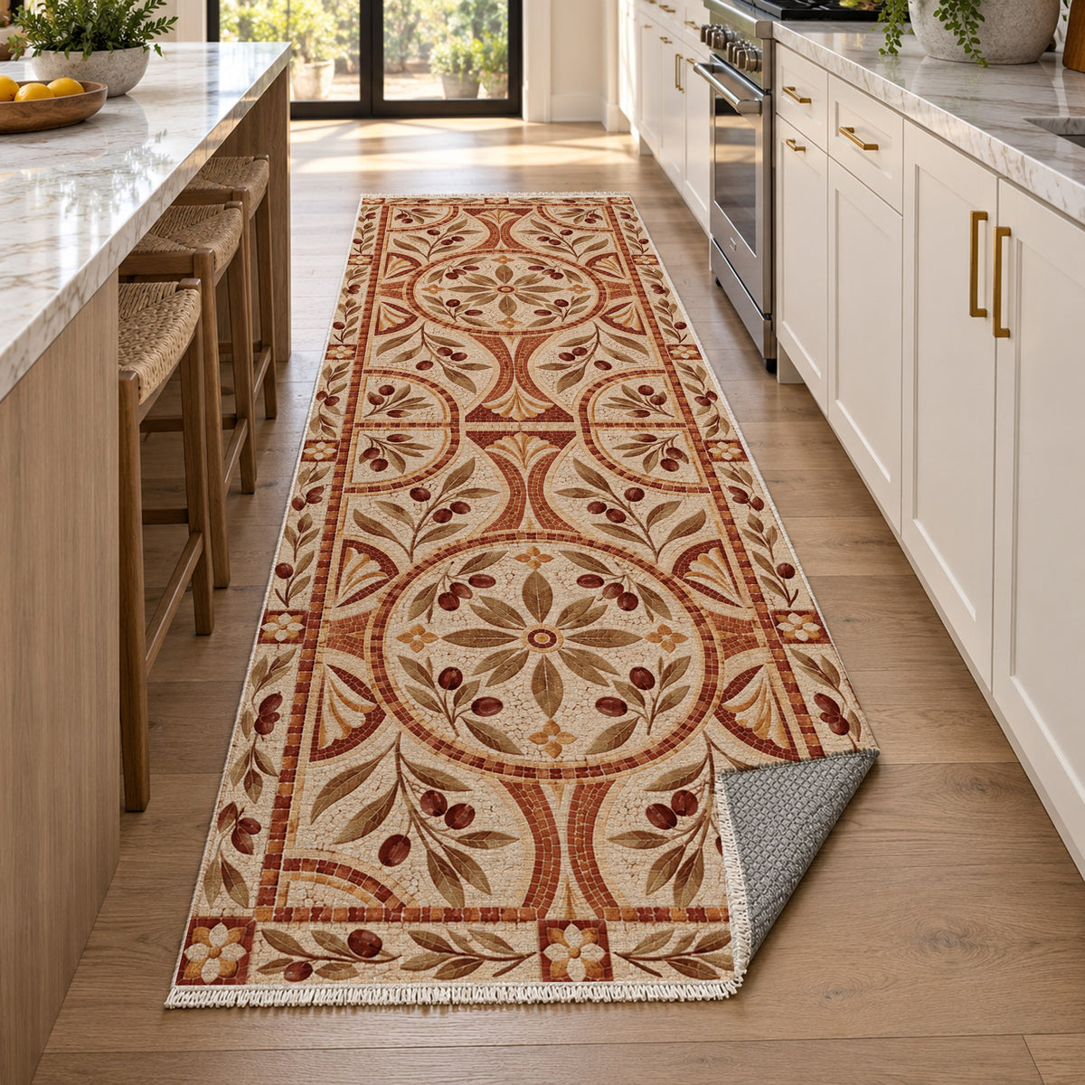 Olive Courtyard Terracotta Geometric Washable Rug — new york kitchen runner