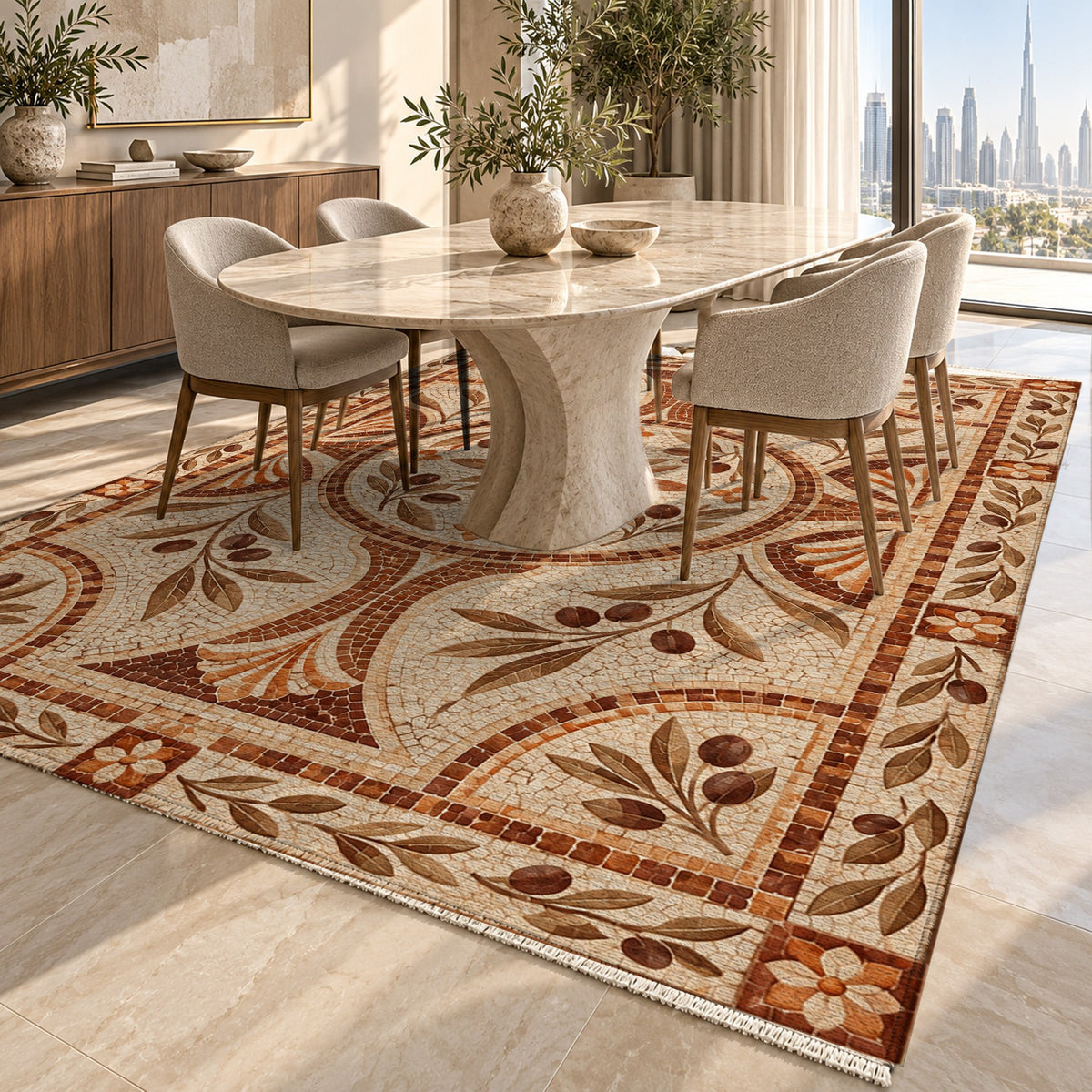 Olive Courtyard Terracotta Geometric Washable Rug — dubai dining