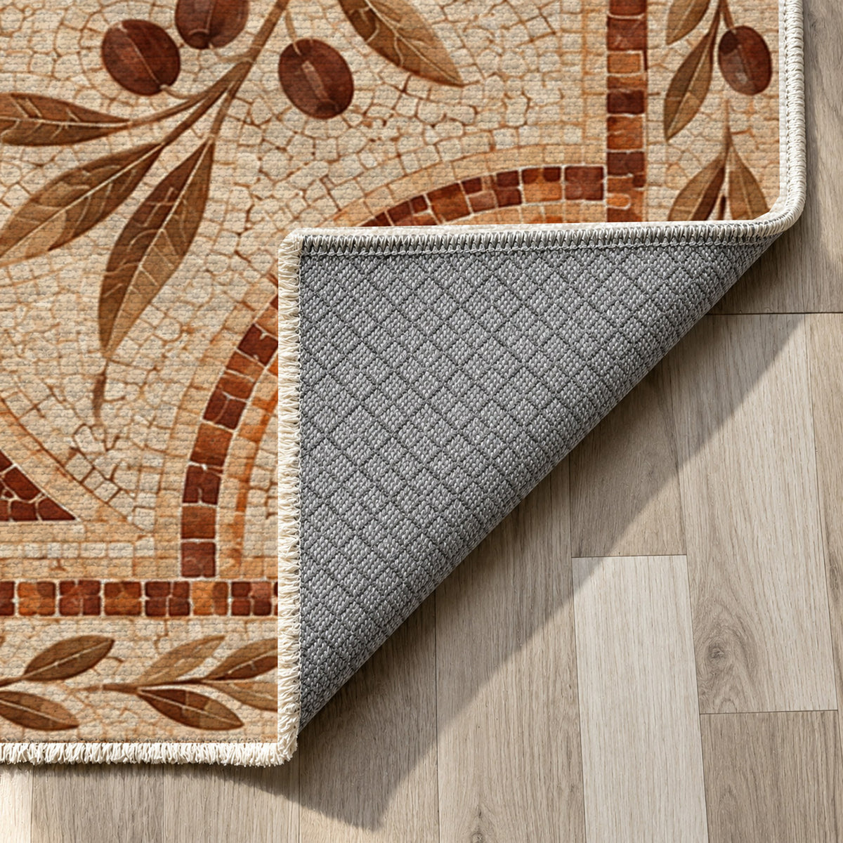 Olive Courtyard Terracotta Geometric Washable Rug — backing close up