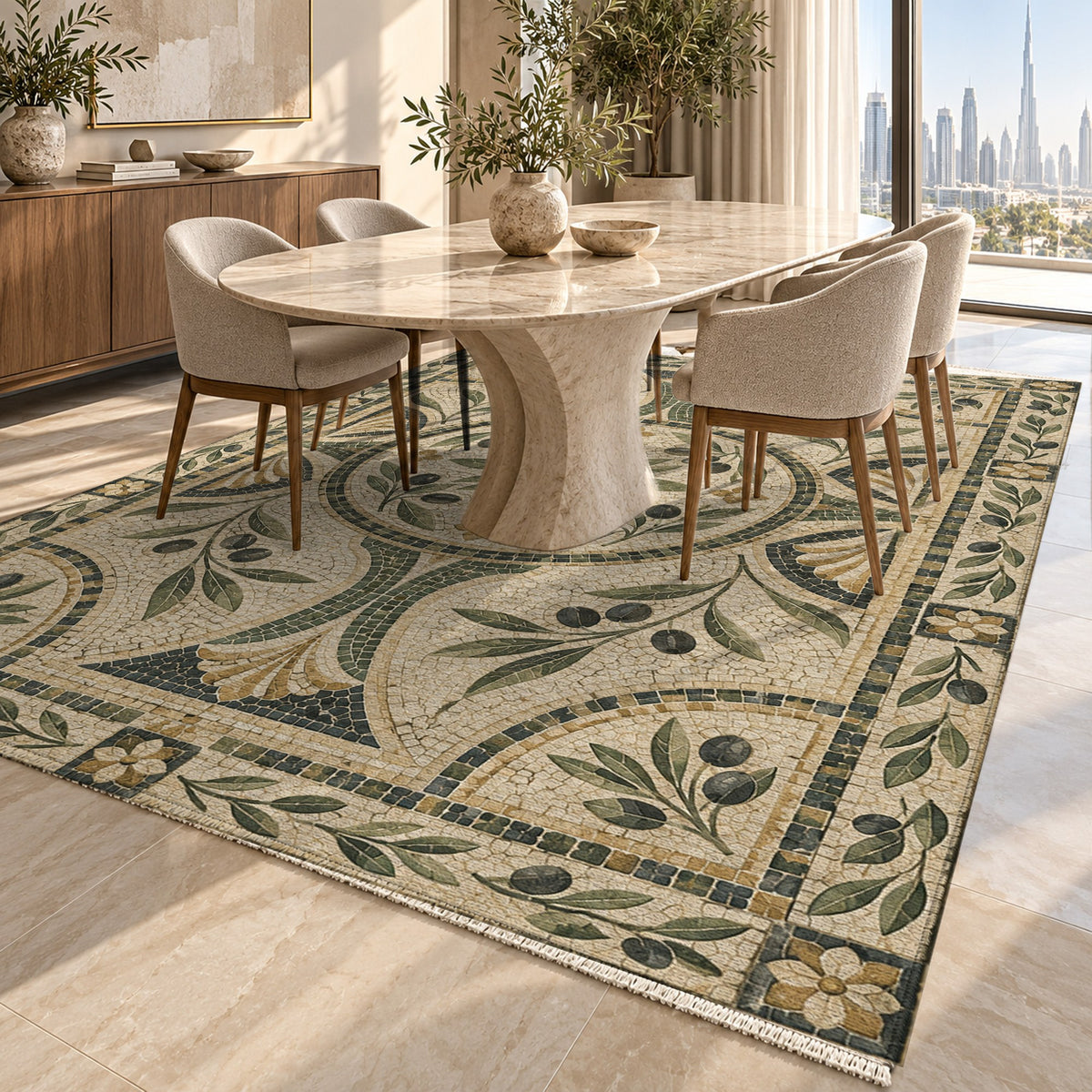 Olive Courtyard Geometric Washable Rug — dubai dining