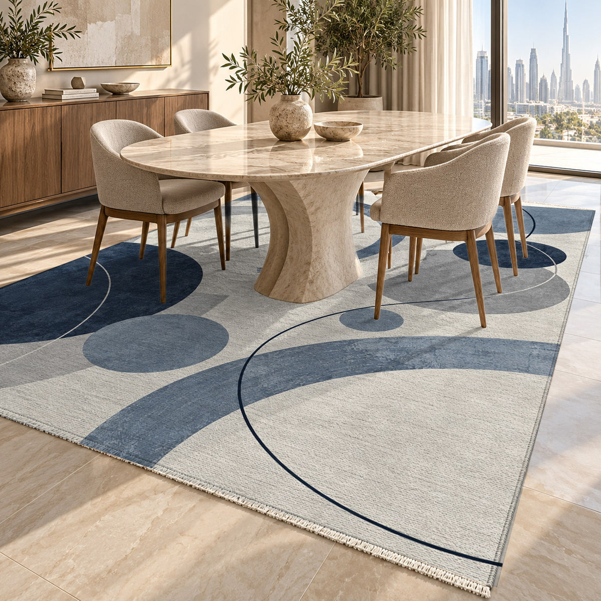 Orbit Rhythm Blue Grey Modern Washable Rug — dubai dining