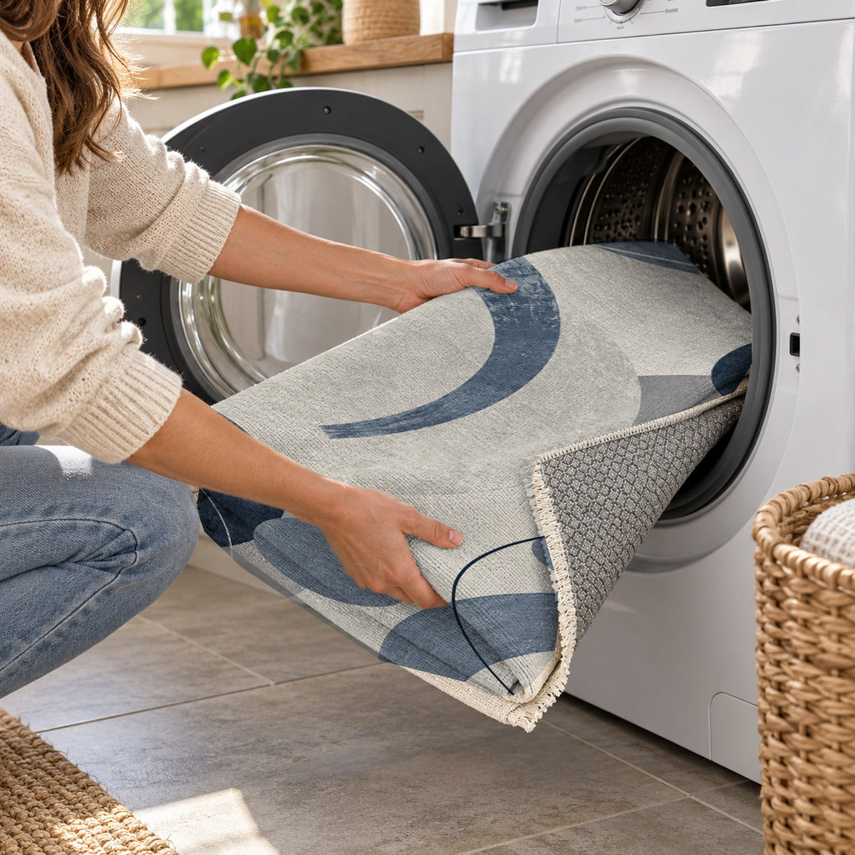 Orbit Rhythm Blue Grey Modern Washable Rug — washing machine