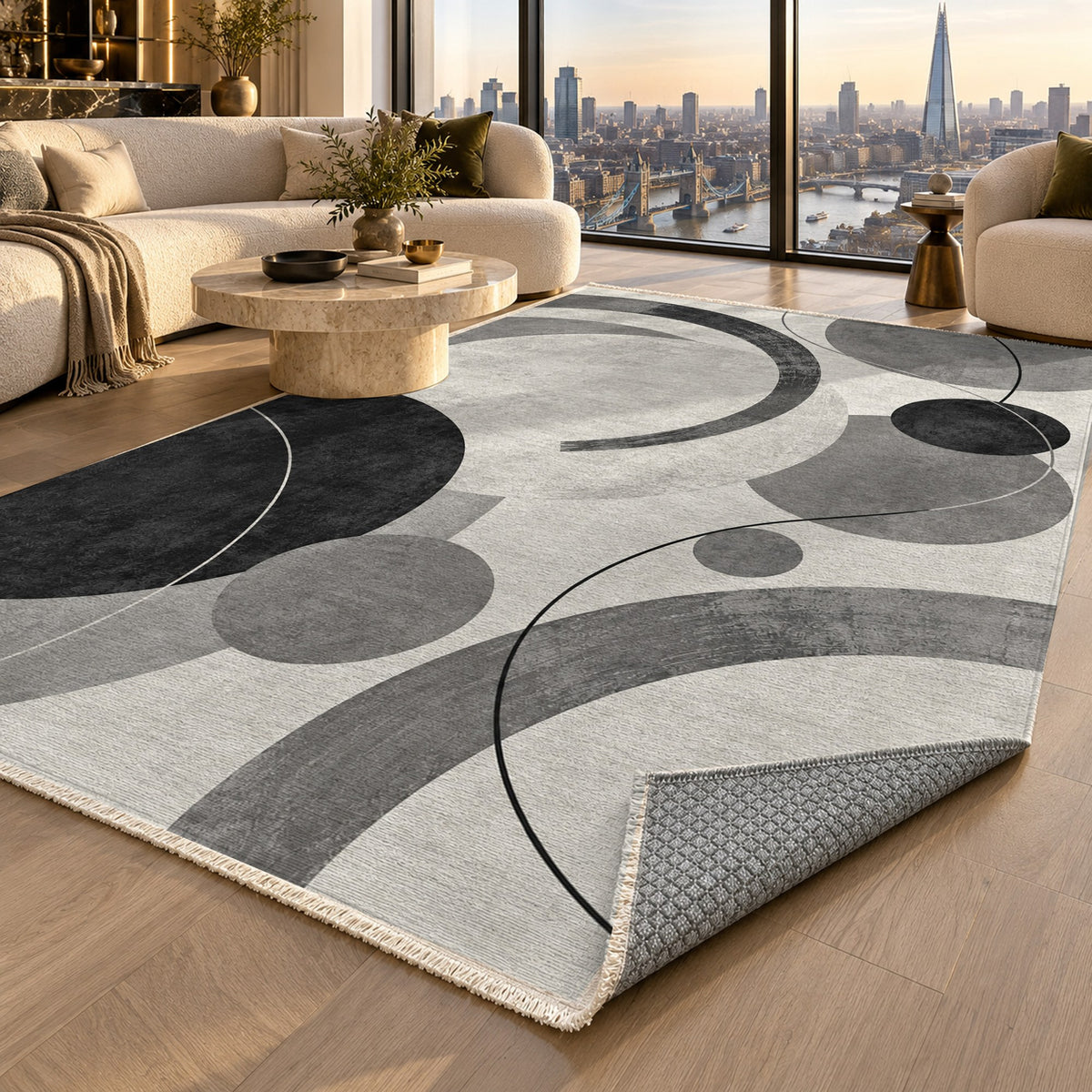 Orbit Rhythm Charcoal Ivory Modern Washable Rug — london luxury living