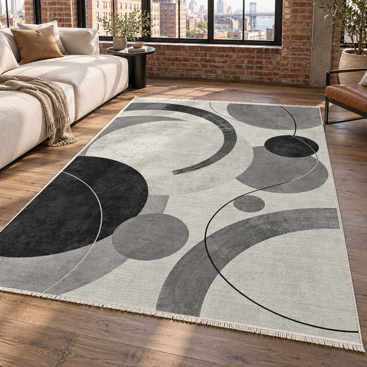 Orbit Rhythm Charcoal Ivory Modern Washable Rug — new york living