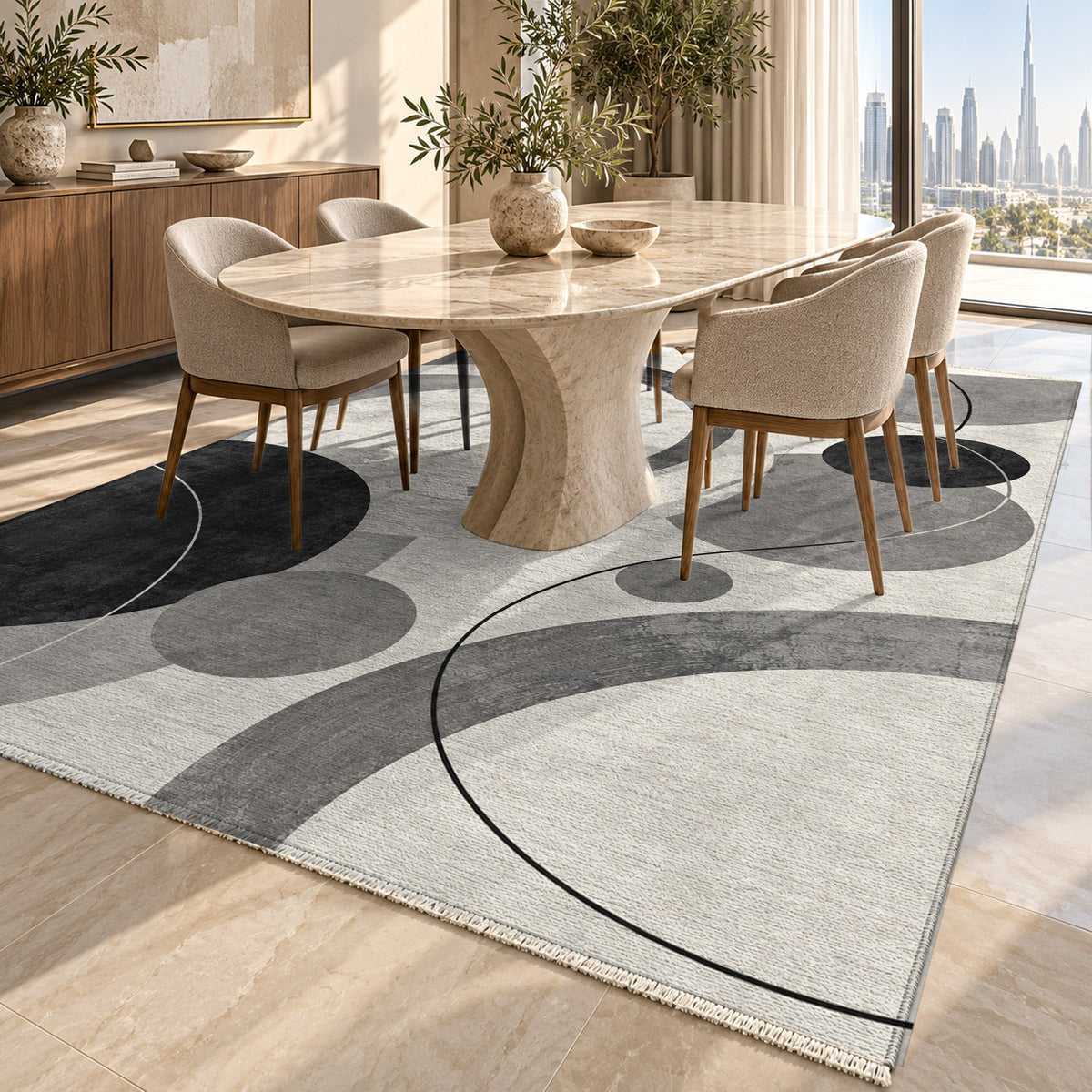 Orbit Rhythm Charcoal Ivory Modern Washable Rug — dubai dining