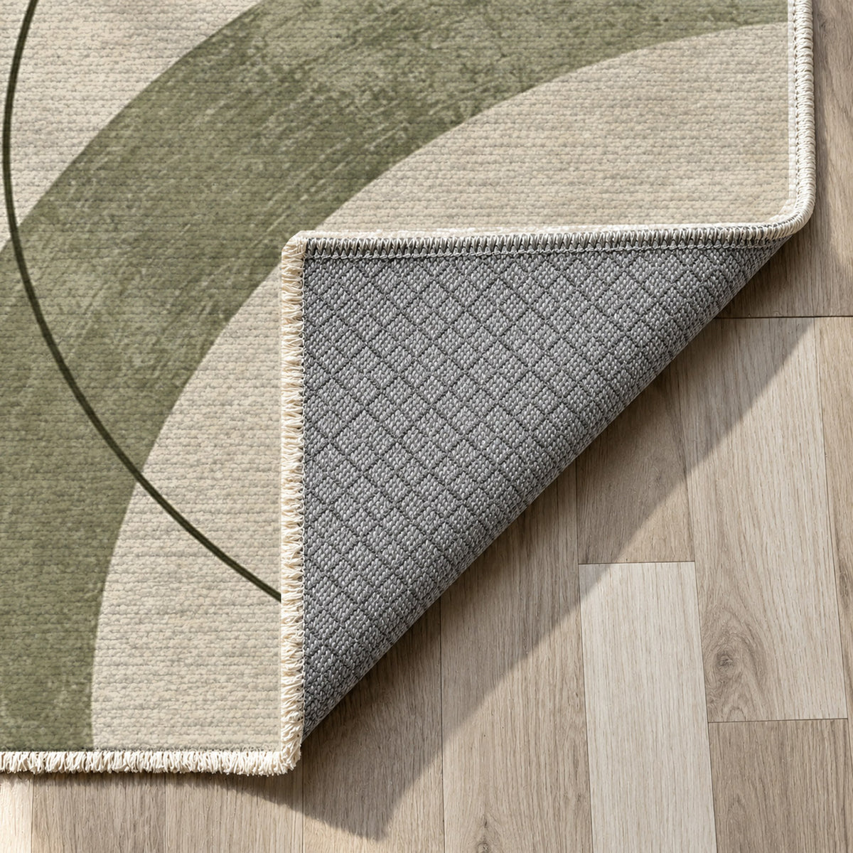 Orbit Rhythm Sage Sand Modern Washable Rug — backing close up